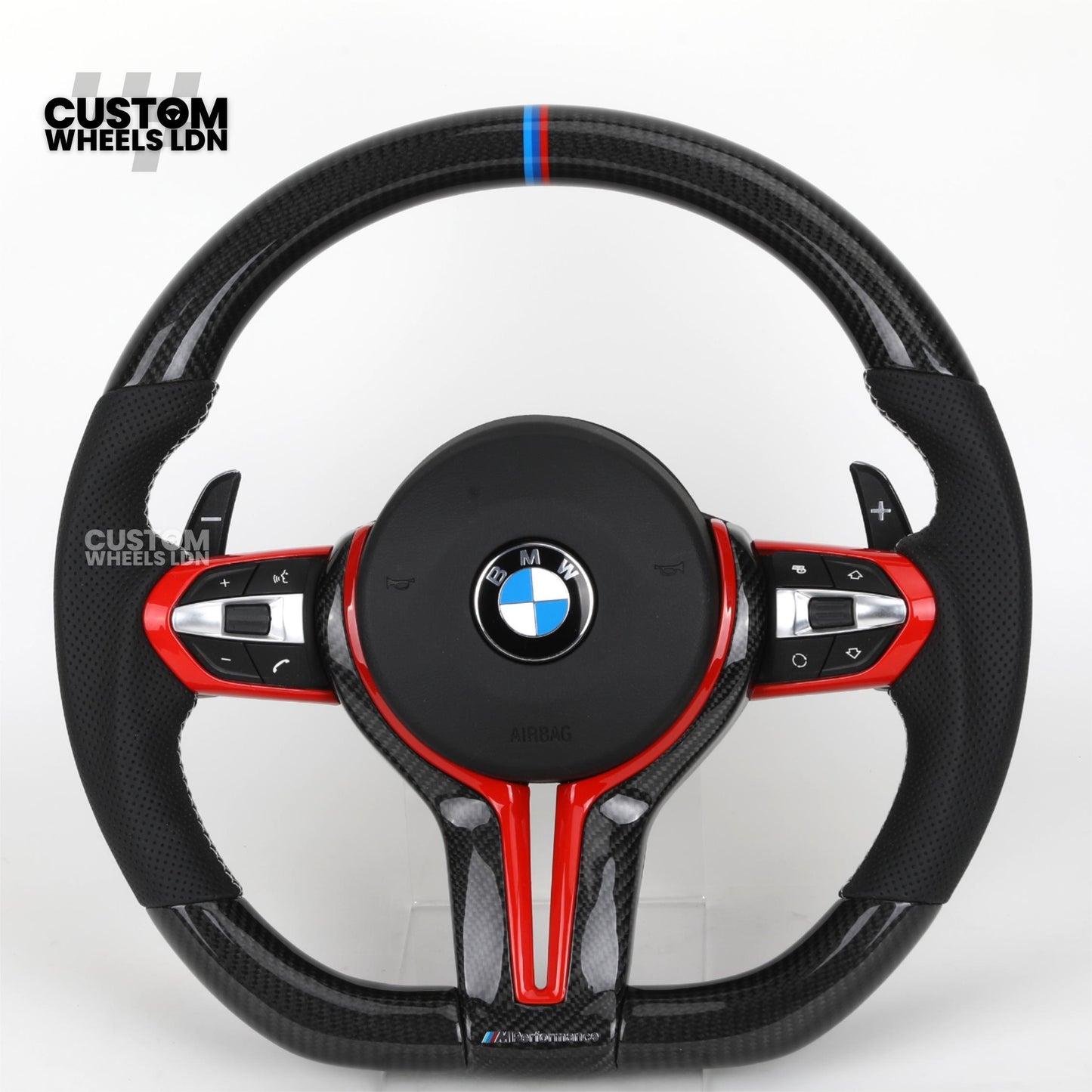 BMW Custom Carbon Fibre Steering Wheel – Red Trim | Perforated Leather | M Stripe | Plug & Play | Fits 1 Series F20, 2 Series F22, 3 Series F30, 4 Series F32, M2, M3, M4, X1 F48, X2 F39, Z4 G29 + more