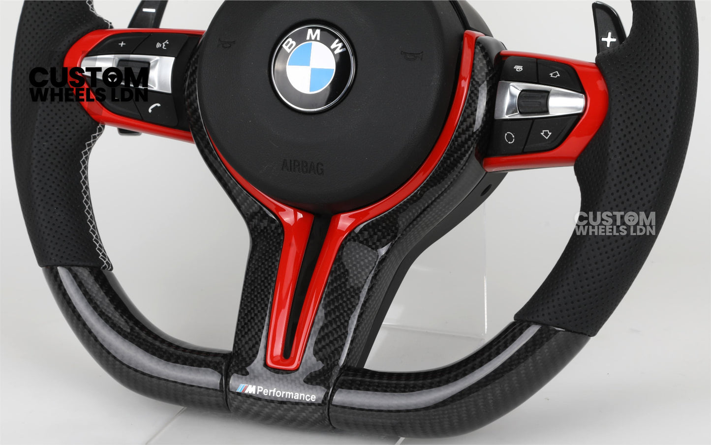 BMW Custom Carbon Fibre Steering Wheel – Red Trim | Perforated Leather | M Stripe | Plug & Play | Fits 1 Series F20, 2 Series F22, 3 Series F30, 4 Series F32, M2, M3, M4, X1 F48, X2 F39, Z4 G29 + more