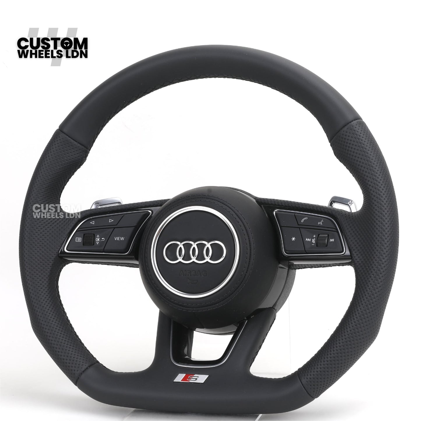 Audi Custom B9 Flat Bottom Steering Wheel – Black Leather, Silver Paddles, S Badge | Fits A4, S4, A5, S5, Q5, SQ5, A6, A7 + more | Plug & Play | With Airbag | Upgrade for Older Models Available