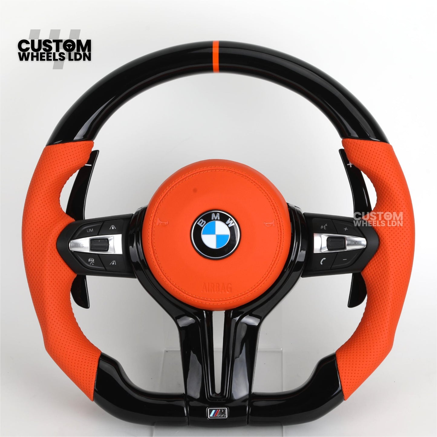 BMW Custom F-Series Piano Black & Orange Steering Wheel – Perforated Grip | Fits F20 F22 F30 F32 F36 M2 M3 M4 + more