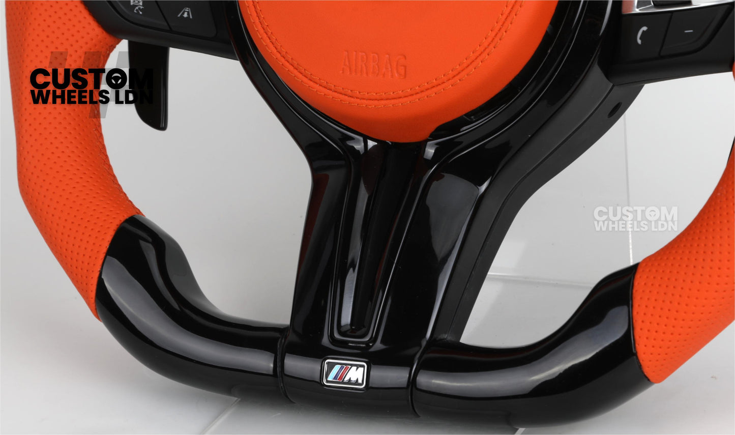 BMW Custom F-Series Piano Black & Orange Steering Wheel – Perforated Grip | Fits F20 F22 F30 F32 F36 M2 M3 M4 + more
