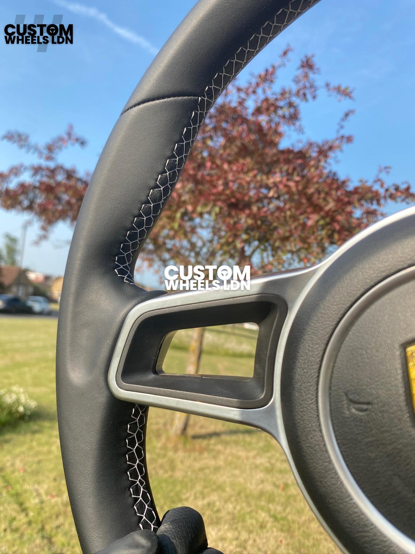 Porsche Custom Steering Wheel – Smooth Black Leather, Grey 12 O’Clock Stripe | Fits 997, 991.1, 987, Boxster, Cayman, Cayenne, Panamera + more | Plug & Play | With Airbag | Upgrade for Older Models Available