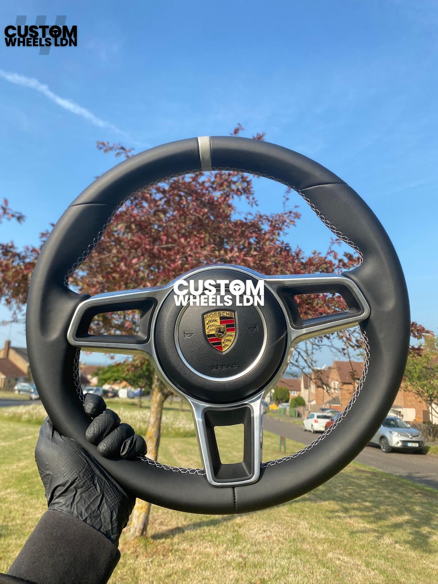 Porsche Custom Steering Wheel – Smooth Black Leather, Grey 12 O’Clock Stripe | Fits 997, 991.1, 987, Boxster, Cayman, Cayenne, Panamera + more | Plug & Play | With Airbag | Upgrade for Older Models Available
