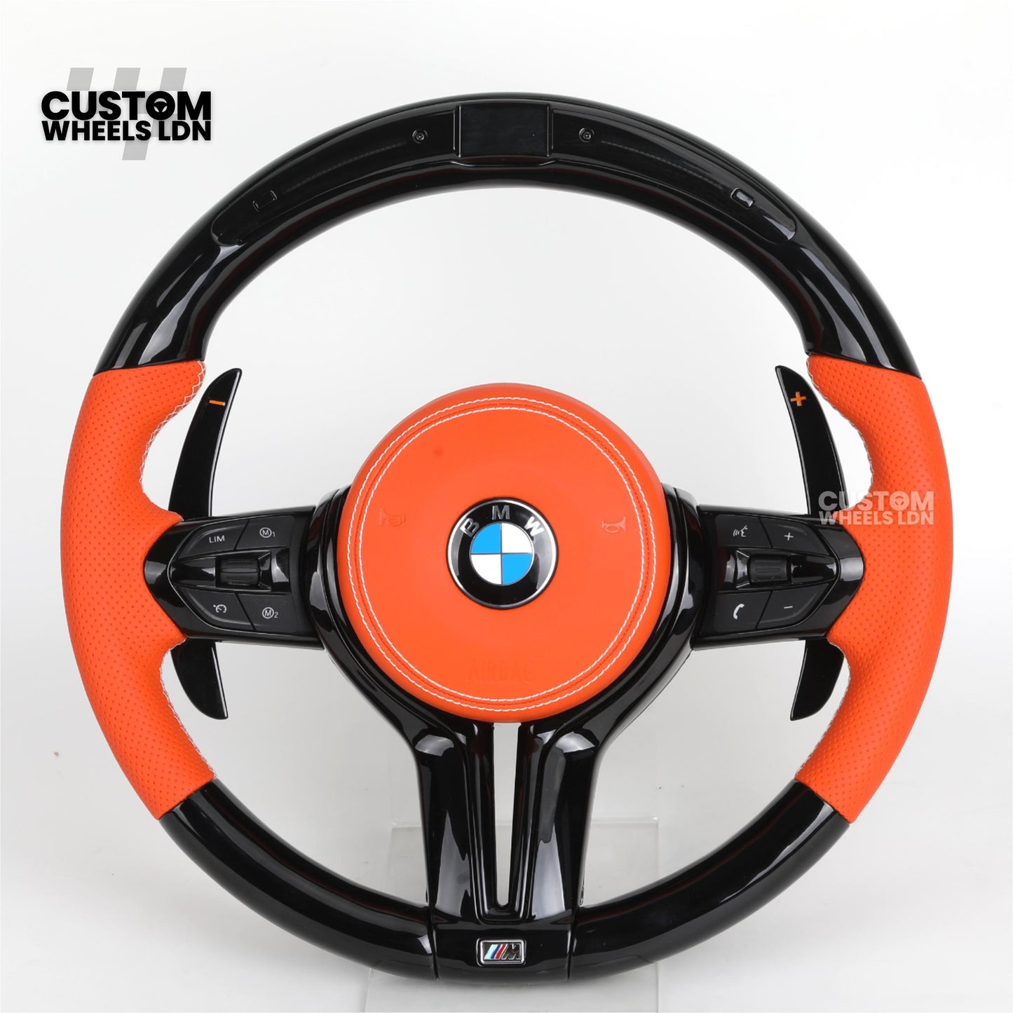 BMW Custom LED Steering Wheel – Gloss Black with Orange Leather | Fits 1/2/3/4 Series, X1, X2 + more | Flat Bottom
