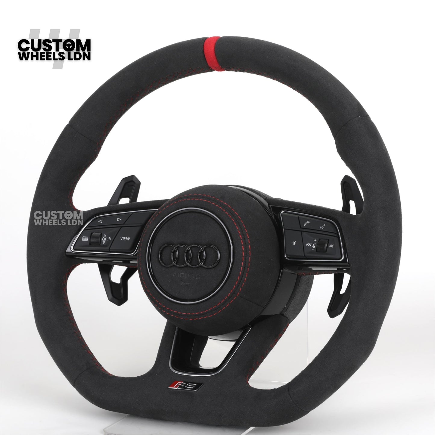 Audi Custom B9 Flat Bottom Steering Wheel – Alcantara Grip, Red Stitching, Red Centre Stripe, Black Paddles, RS3 Badge | Fits A3, S3, RS3, A4, S4, A5, S5, Q5, SQ5 + more | Plug & Play | With Airbag | Upgrade for Older Models Available