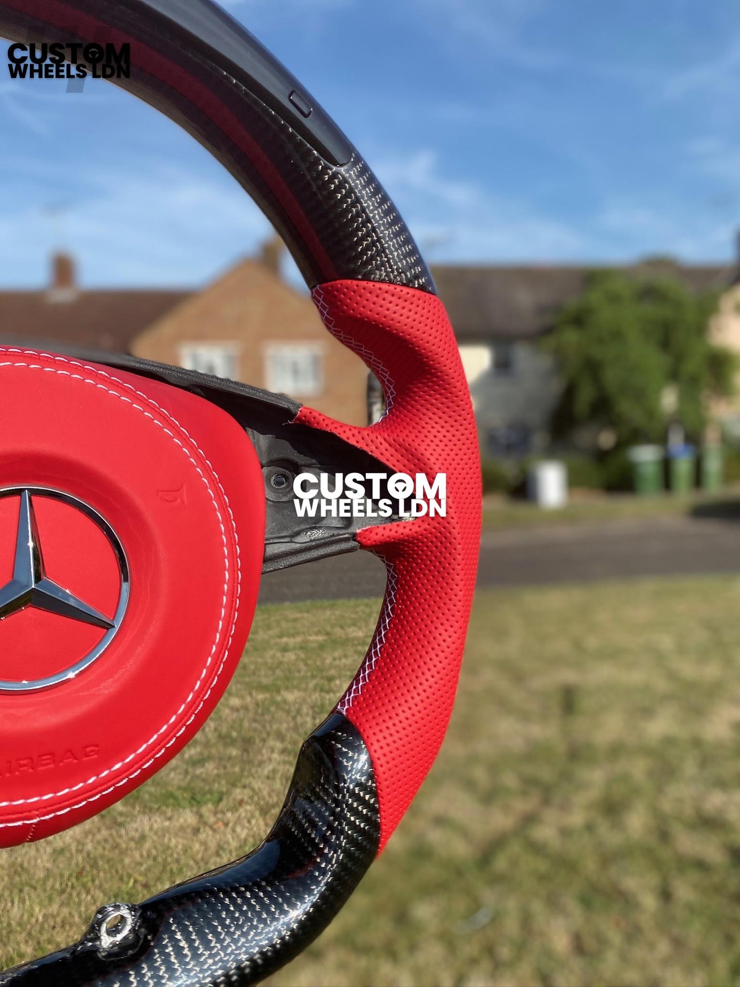 Mercedes Custom LED Flat Bottom Steering Wheel – Gloss Carbon Fibre, Red Perforated Leather, Red Airbag Cover | Fits W205, W213, W218, W222, W217, C-Class, E-Class, CLS, S-Class + more | Plug & Play | Upgrade for Older Models Available