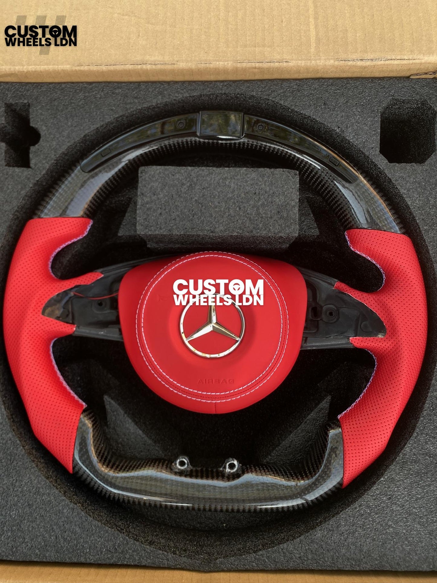 Mercedes Custom LED Flat Bottom Steering Wheel – Gloss Carbon Fibre, Red Perforated Leather, Red Airbag Cover | Fits W205, W213, W218, W222, W217, C-Class, E-Class, CLS, S-Class + more | Plug & Play | Upgrade for Older Models Available