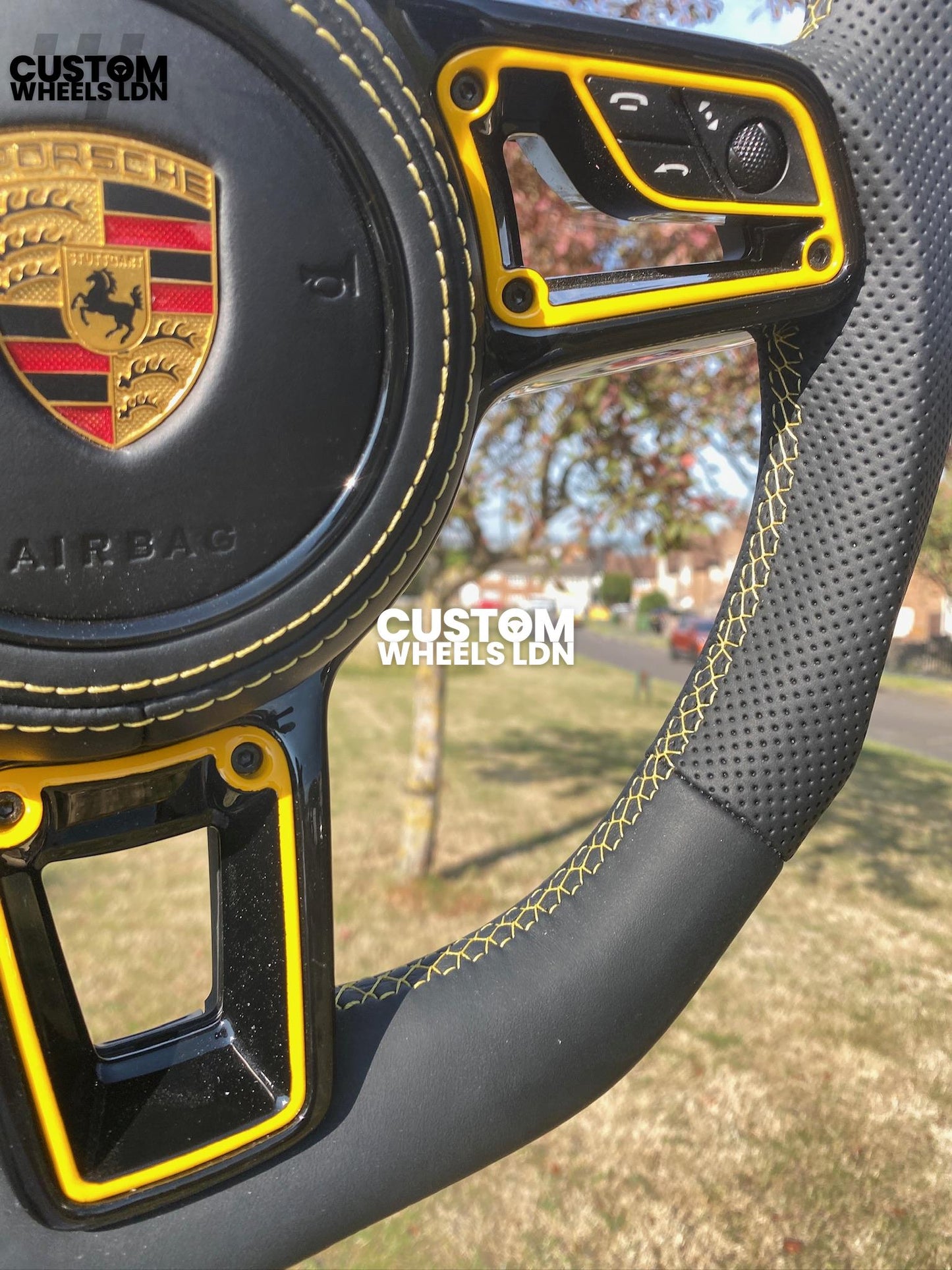 Porsche Custom Flat Bottom Steering Wheel – Smooth Leather & Perforated Grips, Yellow Contrast Stitching, Yellow Inserts, OEM Buttons | Fits 997.1, 991.1, 987, Cayman, Boxster, Macan, Cayenne + more | Plug & Play | Upgrade for Older Models Available