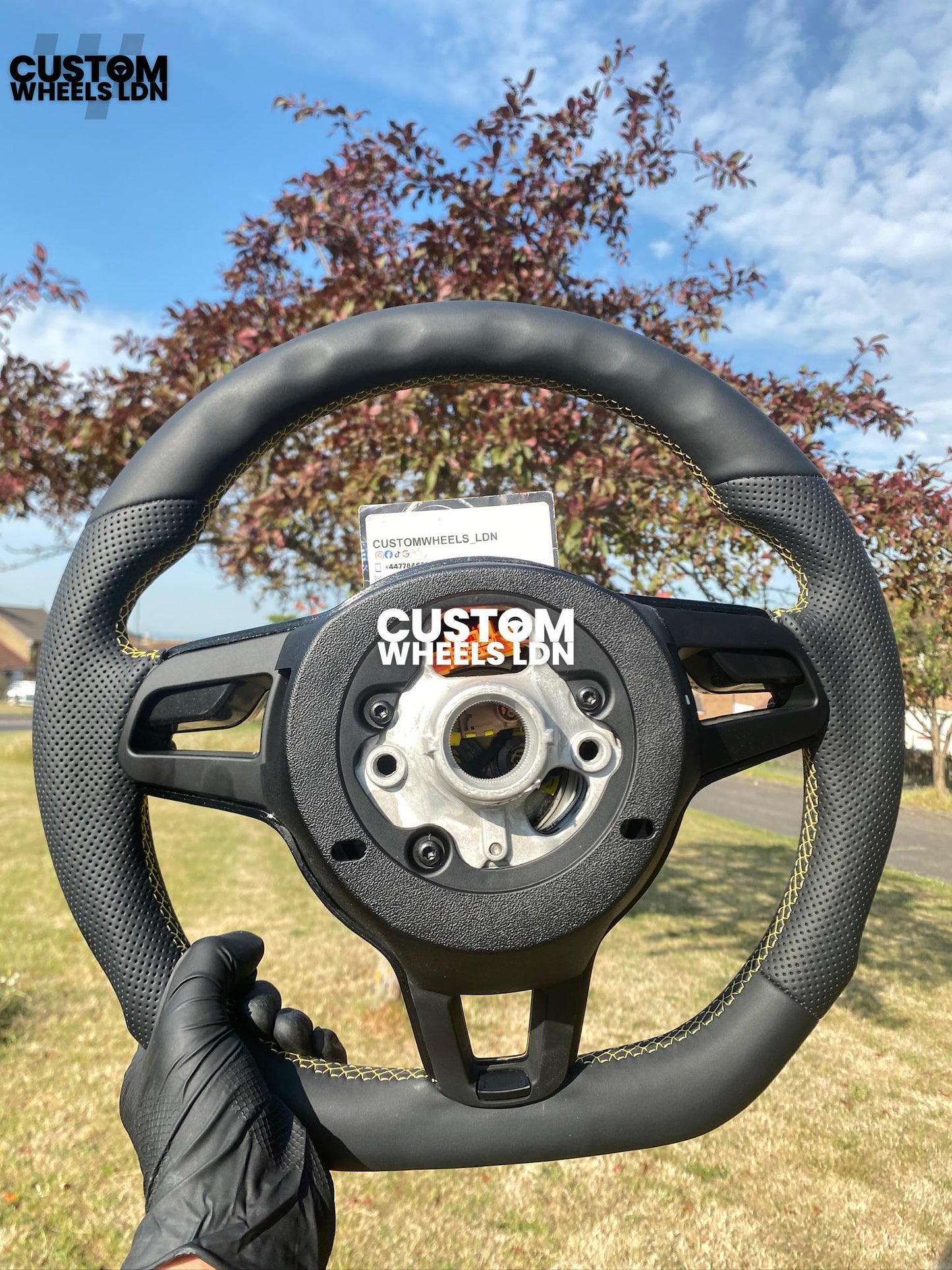 Porsche Custom Flat Bottom Steering Wheel – Smooth Leather & Perforated Grips, Yellow Contrast Stitching, Yellow Inserts, OEM Buttons | Fits 997.1, 991.1, 987, Cayman, Boxster, Macan, Cayenne + more | Plug & Play | Upgrade for Older Models Available