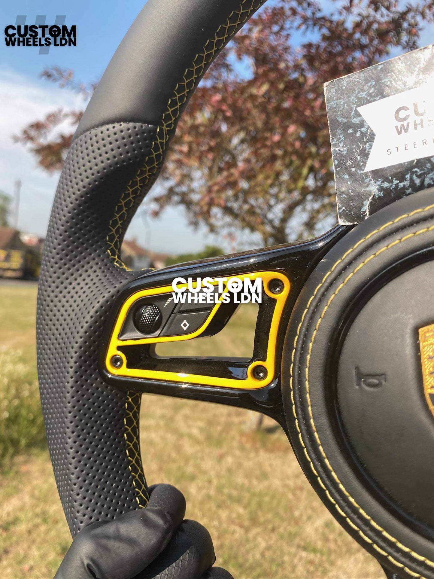 Porsche Custom Flat Bottom Steering Wheel – Smooth Leather & Perforated Grips, Yellow Contrast Stitching, Yellow Inserts, OEM Buttons | Fits 997.1, 991.1, 987, Cayman, Boxster, Macan, Cayenne + more | Plug & Play | Upgrade for Older Models Available