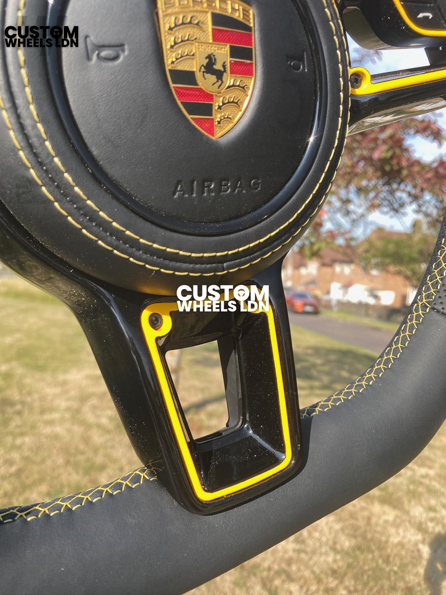 Porsche Custom Flat Bottom Steering Wheel – Smooth Leather & Perforated Grips, Yellow Contrast Stitching, Yellow Inserts, OEM Buttons | Fits 997.1, 991.1, 987, Cayman, Boxster, Macan, Cayenne + more | Plug & Play | Upgrade for Older Models Available