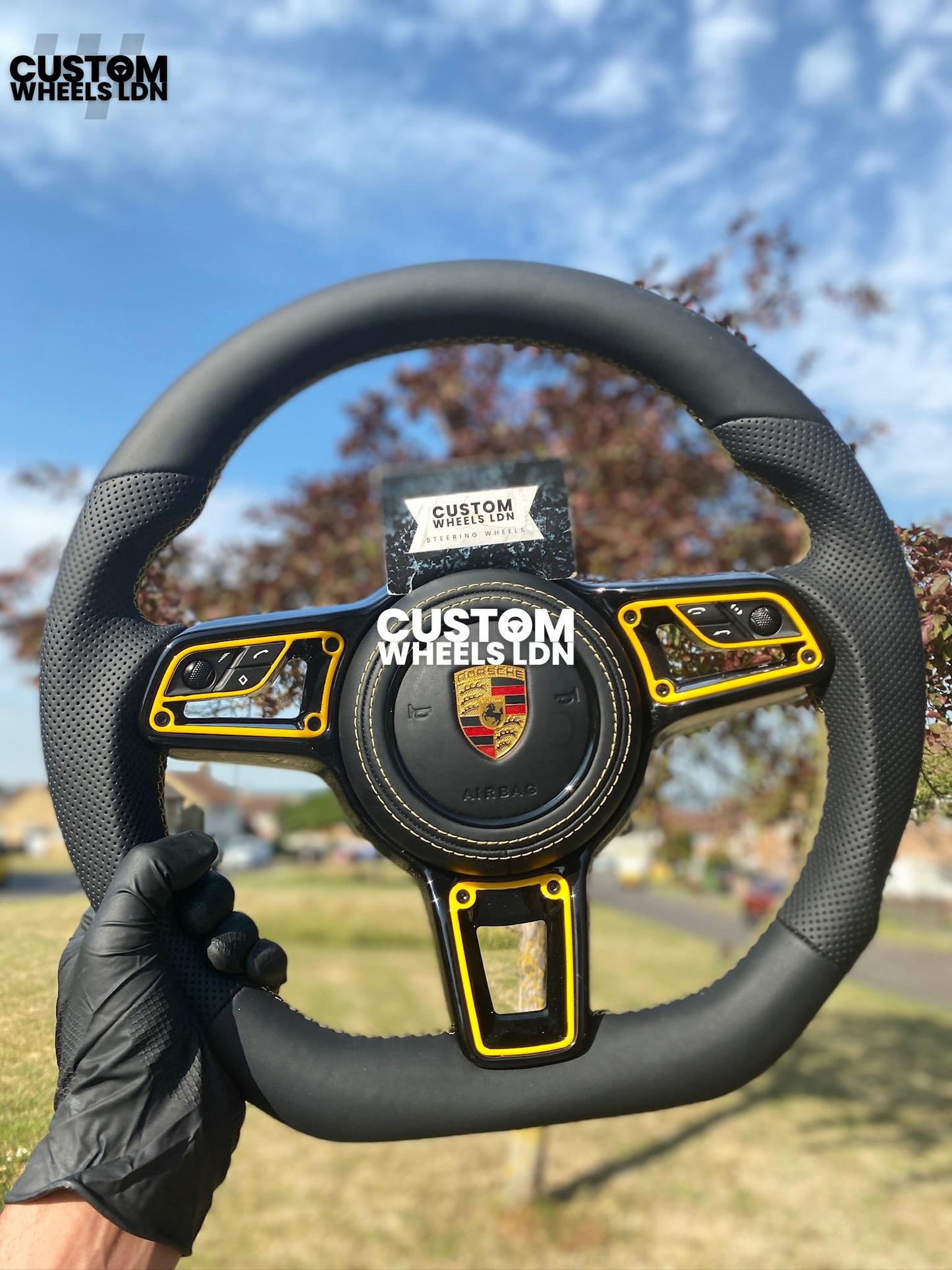 Porsche Custom Flat Bottom Steering Wheel – Smooth Leather & Perforated Grips, Yellow Contrast Stitching, Yellow Inserts, OEM Buttons | Fits 997.1, 991.1, 987, Cayman, Boxster, Macan, Cayenne + more | Plug & Play | Upgrade for Older Models Available