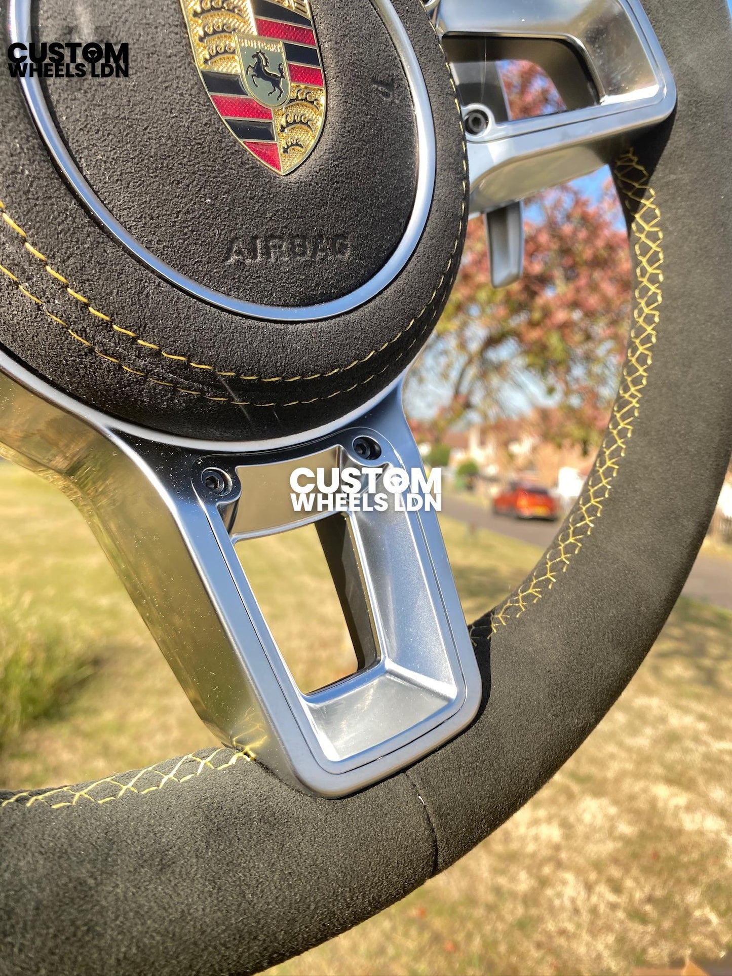 Porsche Custom OEM Shape Steering Wheel – Alcantara, Silver Paddles, Yellow Stripe & Stitching | Fits 997.1, 997.2, 991.1, Boxster, Cayman, Cayenne + more | Plug & Play | With Airbag | Upgrade for Older Models Available