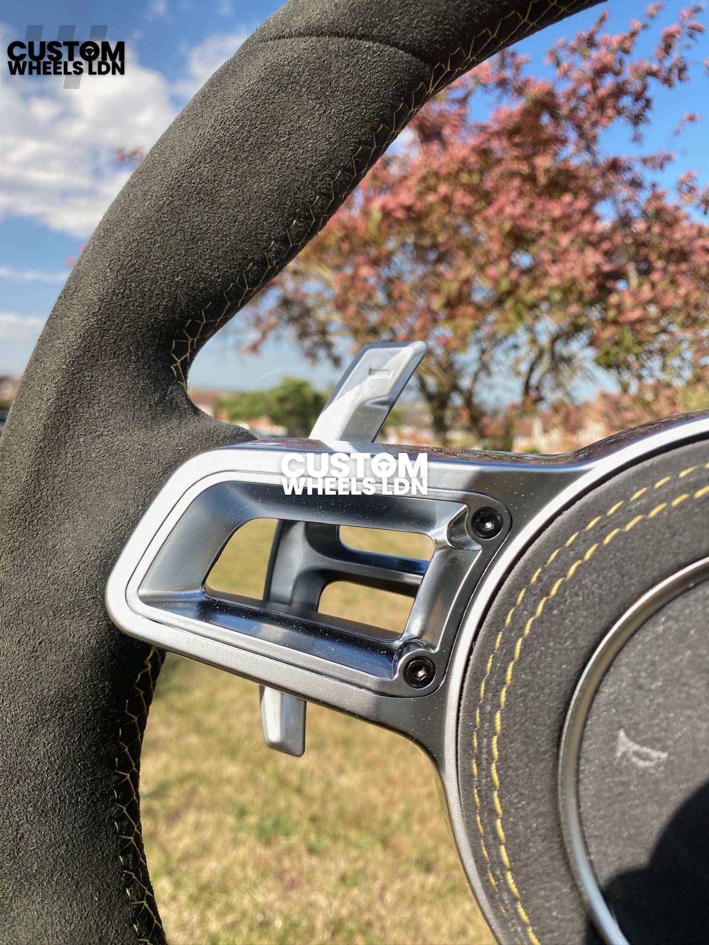 Porsche Custom OEM Shape Steering Wheel – Alcantara, Silver Paddles, Yellow Stripe & Stitching | Fits 997.1, 997.2, 991.1, Boxster, Cayman, Cayenne + more | Plug & Play | With Airbag | Upgrade for Older Models Available