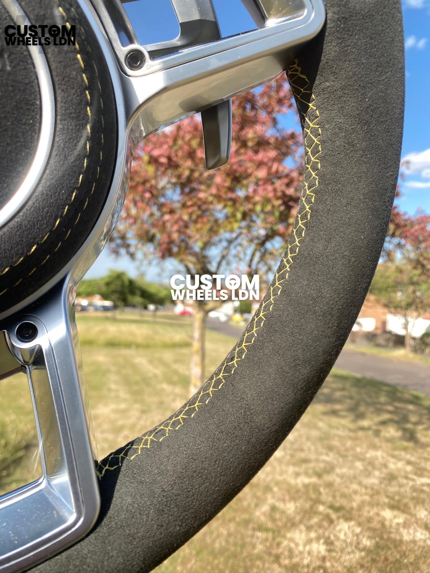 Porsche Custom OEM Shape Steering Wheel – Alcantara, Silver Paddles, Yellow Stripe & Stitching | Fits 997.1, 997.2, 991.1, Boxster, Cayman, Cayenne + more | Plug & Play | With Airbag | Upgrade for Older Models Available