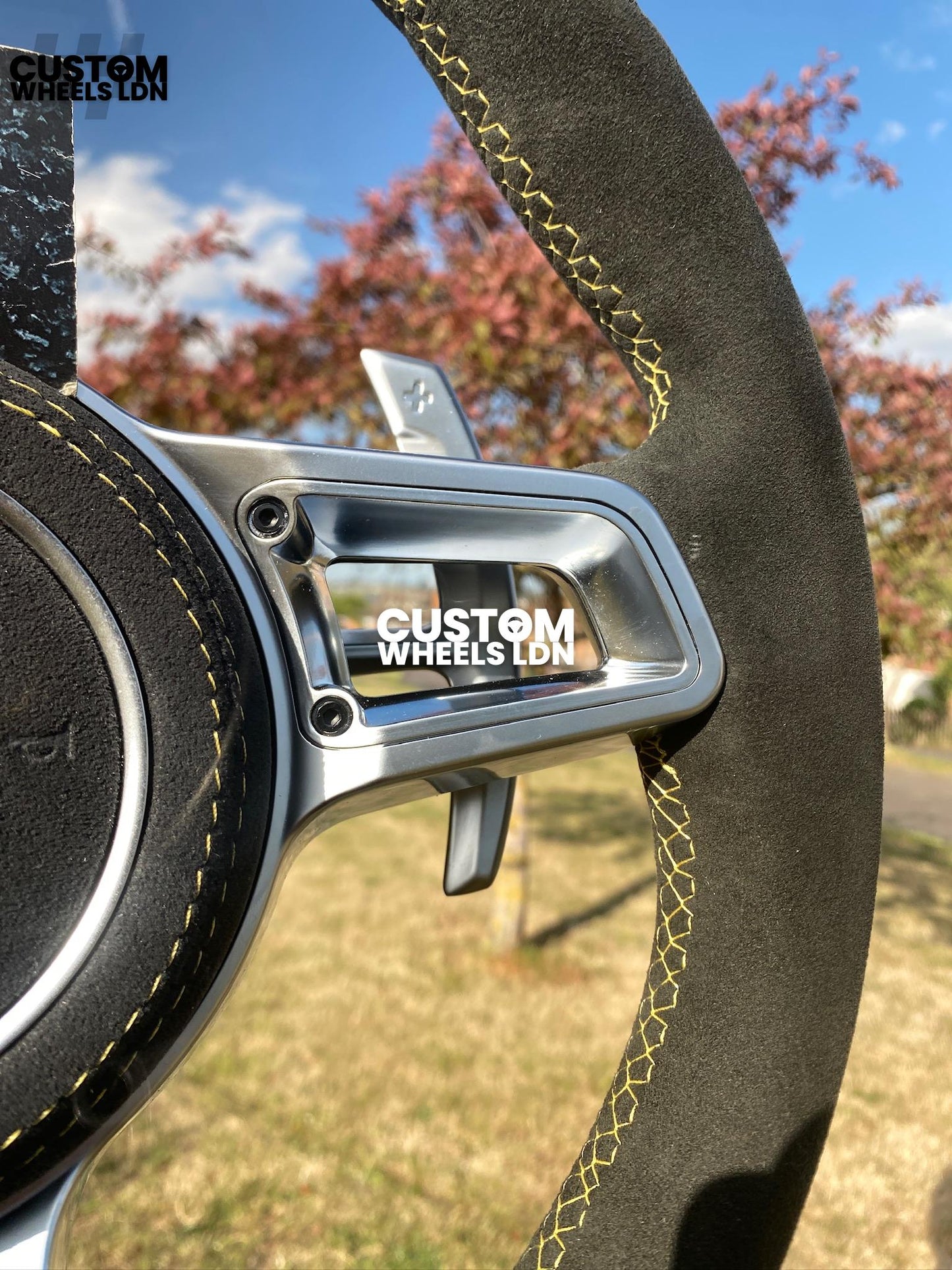 Porsche Custom OEM Shape Steering Wheel – Alcantara, Silver Paddles, Yellow Stripe & Stitching | Fits 997.1, 997.2, 991.1, Boxster, Cayman, Cayenne + more | Plug & Play | With Airbag | Upgrade for Older Models Available