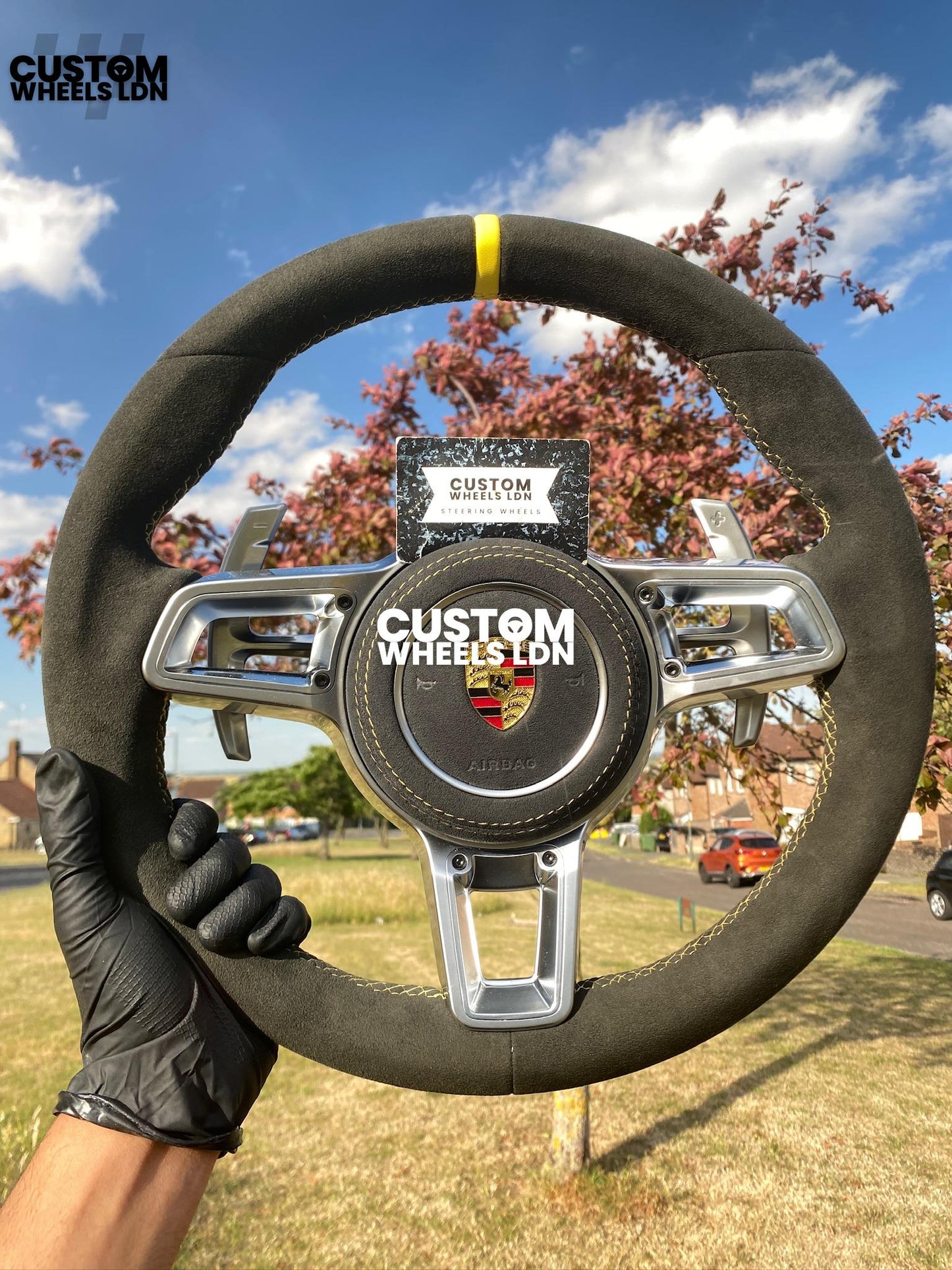 Porsche Custom OEM Shape Steering Wheel – Alcantara, Silver Paddles, Yellow Stripe & Stitching | Fits 997.1, 997.2, 991.1, Boxster, Cayman, Cayenne + more | Plug & Play | With Airbag | Upgrade for Older Models Available