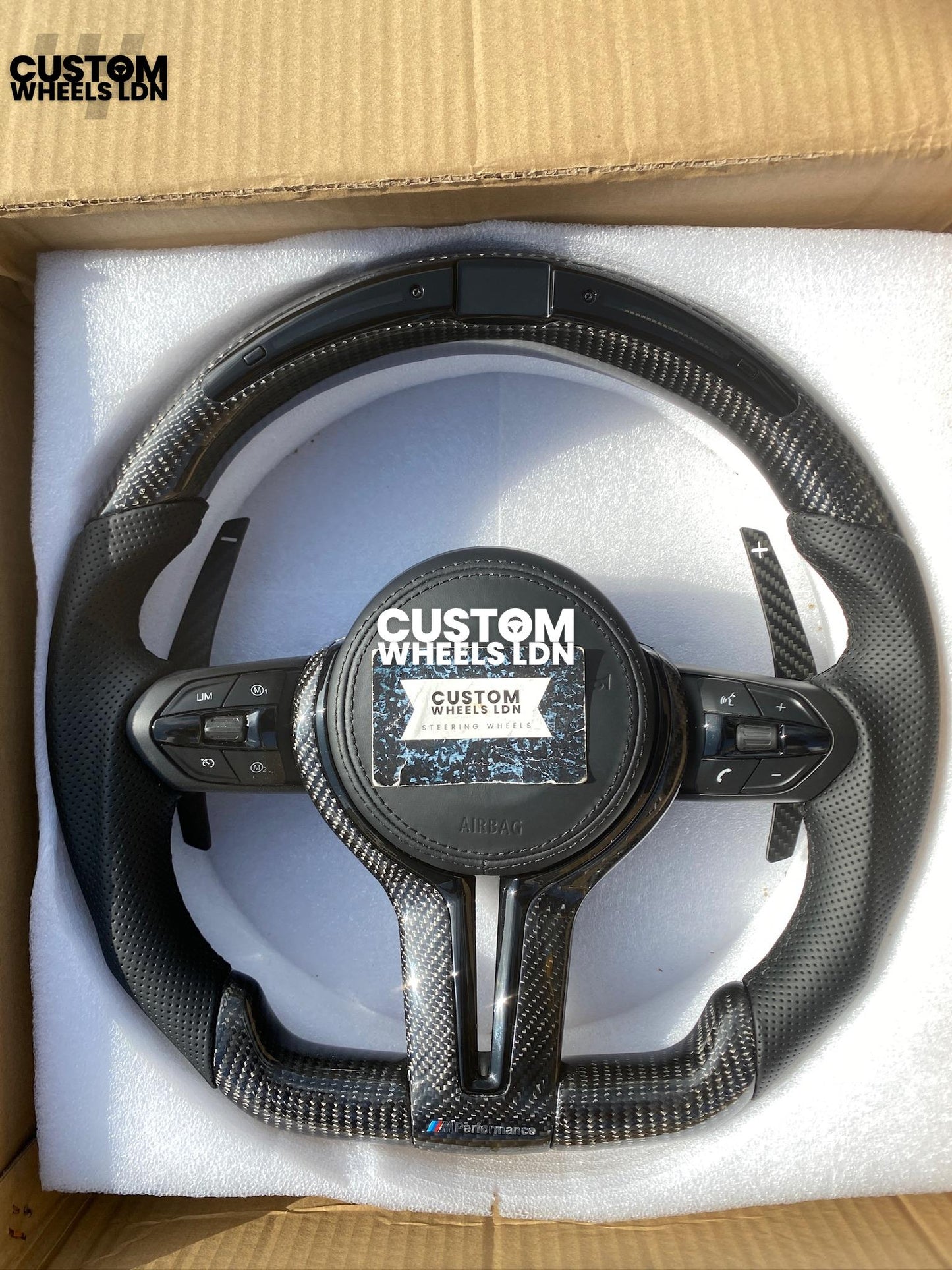 BMW Custom Flat Bottom Steering Wheel – Led rev display, Gloss Carbon Fibre, Magnetic Paddles, All-Black OEM Buttons | Fits F Series, G Series + more | Plug & Play | With Airbag | Upgrade for Older Models Available