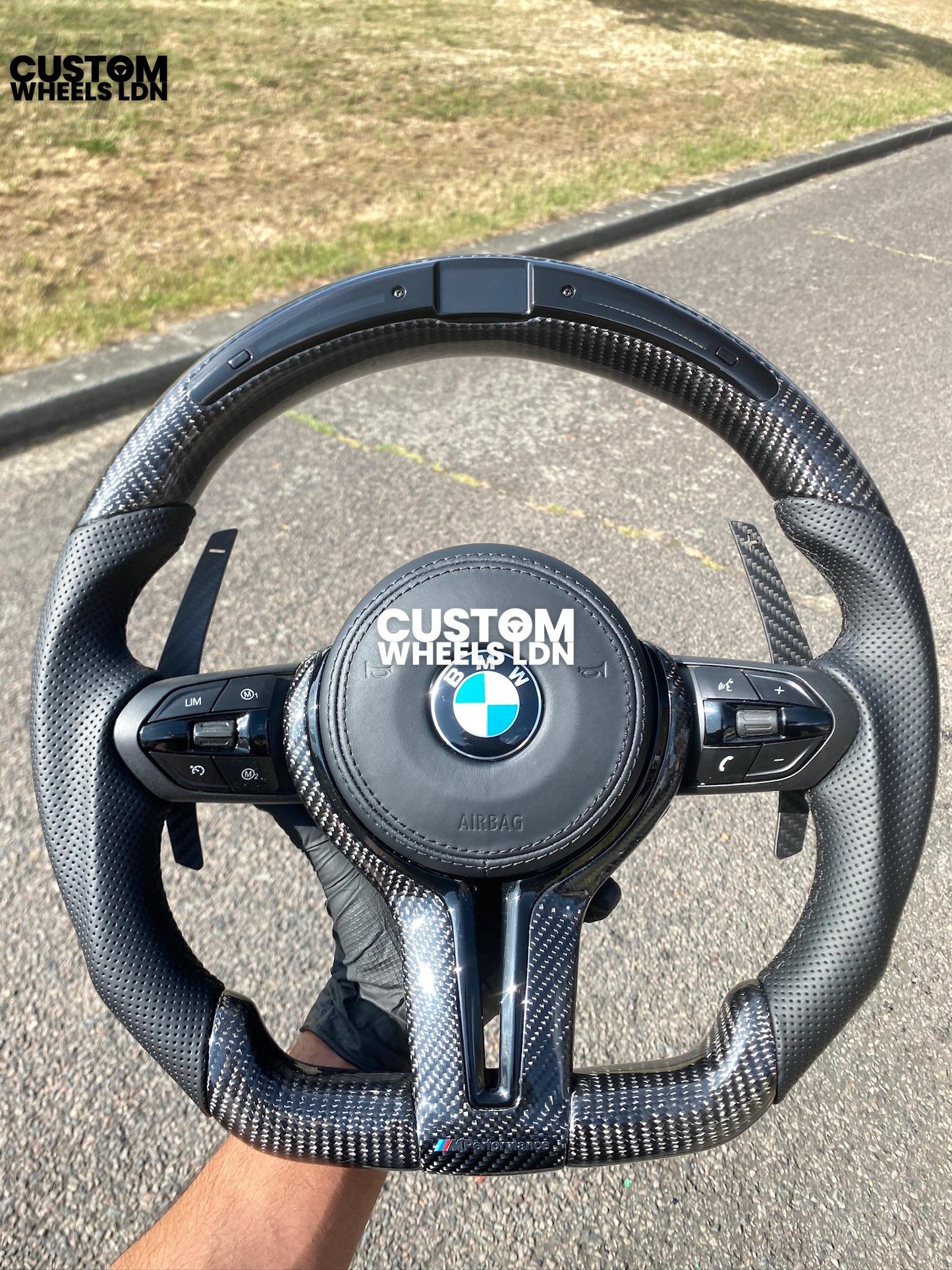 BMW Custom Flat Bottom Steering Wheel – Led rev display, Gloss Carbon Fibre, Magnetic Paddles, All-Black OEM Buttons | Fits F Series, G Series + more | Plug & Play | With Airbag | Upgrade for Older Models Available