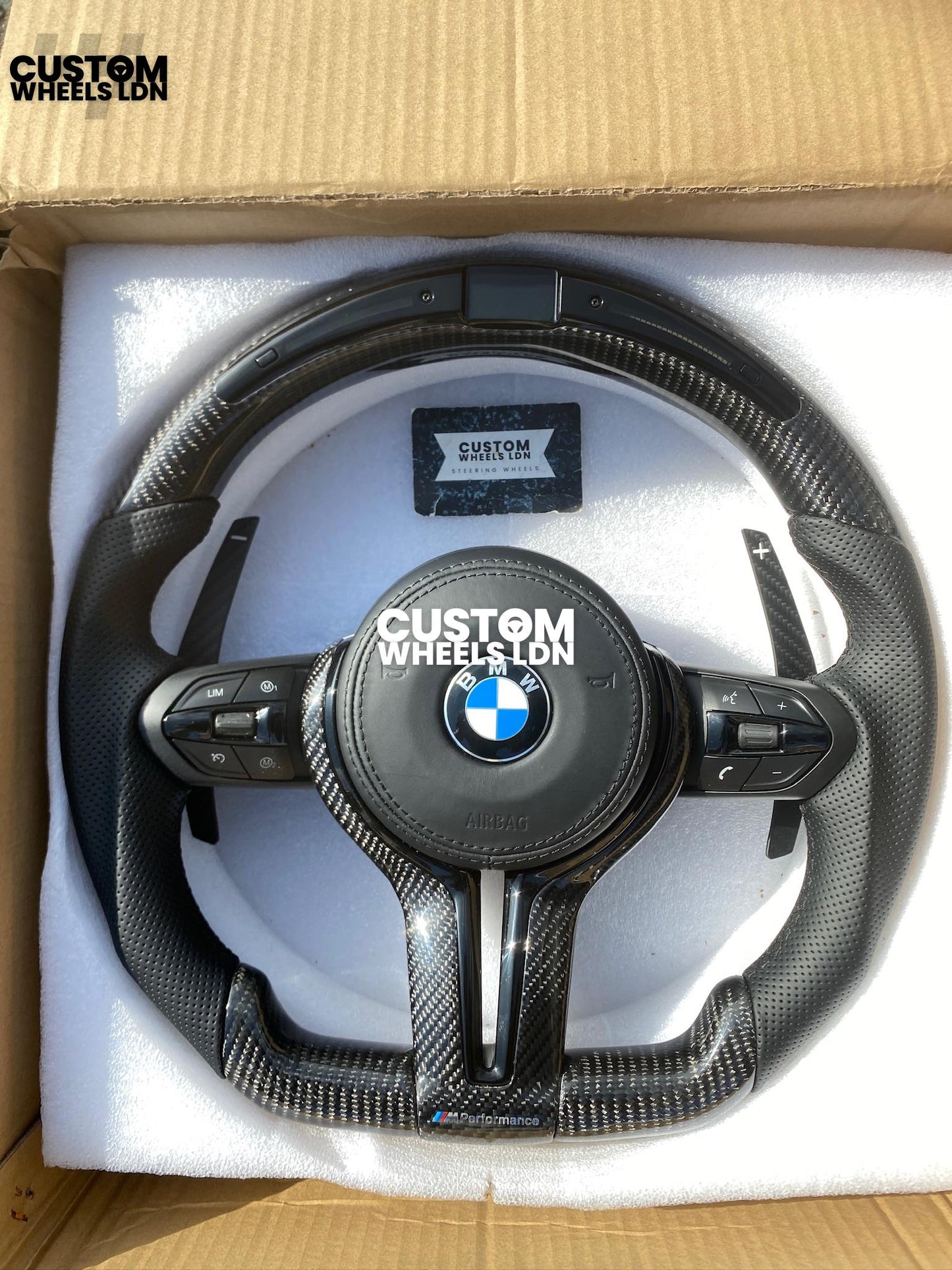 BMW Custom Flat Bottom Steering Wheel – Led rev display, Gloss Carbon Fibre, Magnetic Paddles, All-Black OEM Buttons | Fits F Series, G Series + more | Plug & Play | With Airbag | Upgrade for Older Models Available