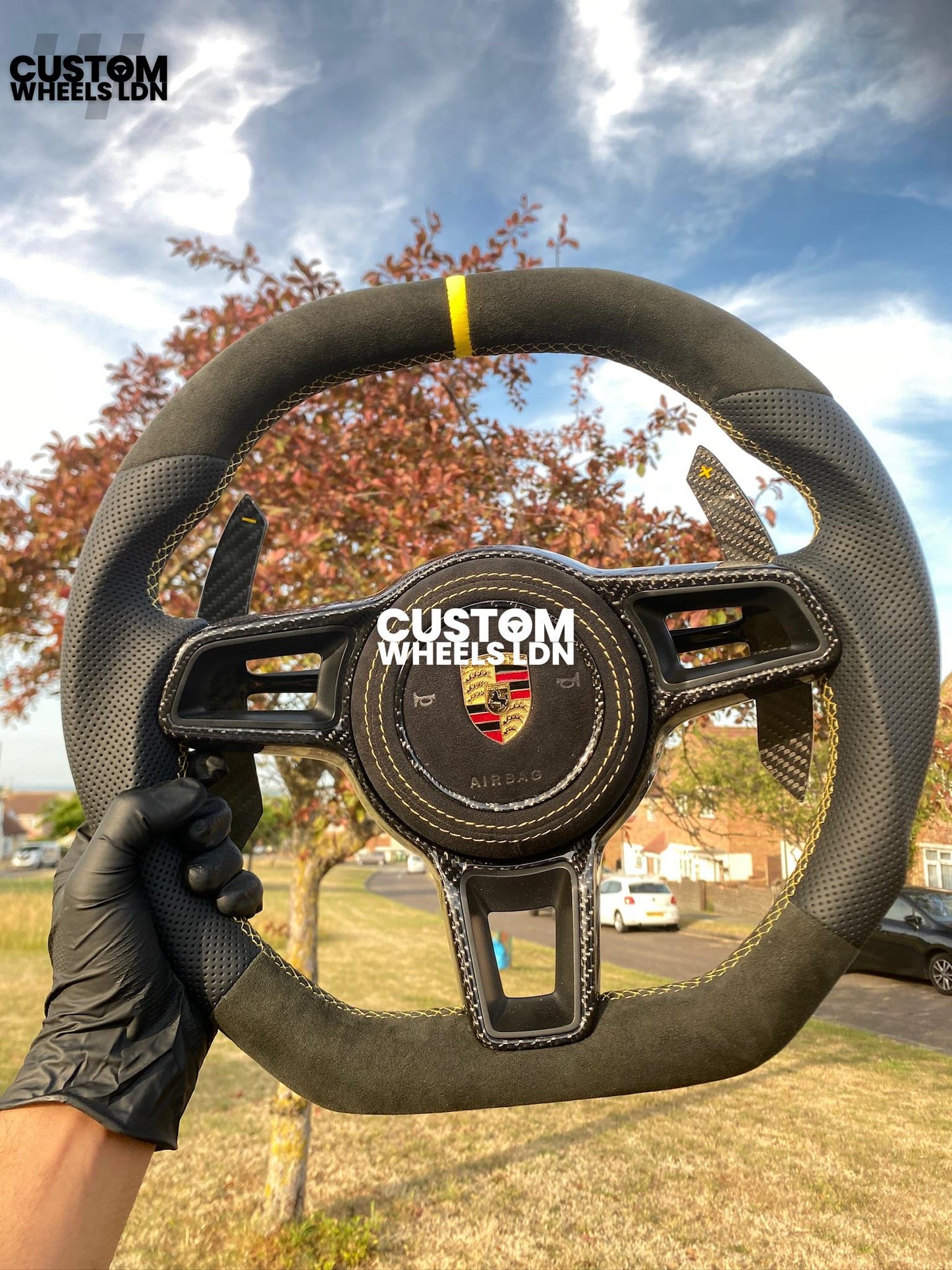 Porsche Custom Flat Bottom Steering Wheel – Alcantara x Perforated Leather, Carbon Paddles, Yellow Stitching Stripe | Fits 997, 991.1, 981, Boxster, Cayman, Cayenne (2000+ Models) + more | Plug & Play | Upgrade for Older Models Available