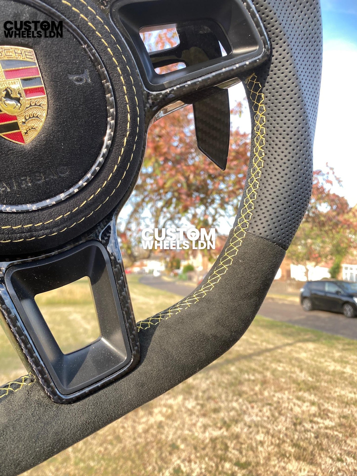 Porsche Custom Flat Bottom Steering Wheel – Alcantara x Perforated Leather, Carbon Paddles, Yellow Stitching Stripe | Fits 997, 991.1, 981, Boxster, Cayman, Cayenne (2000+ Models) + more | Plug & Play | Upgrade for Older Models Available