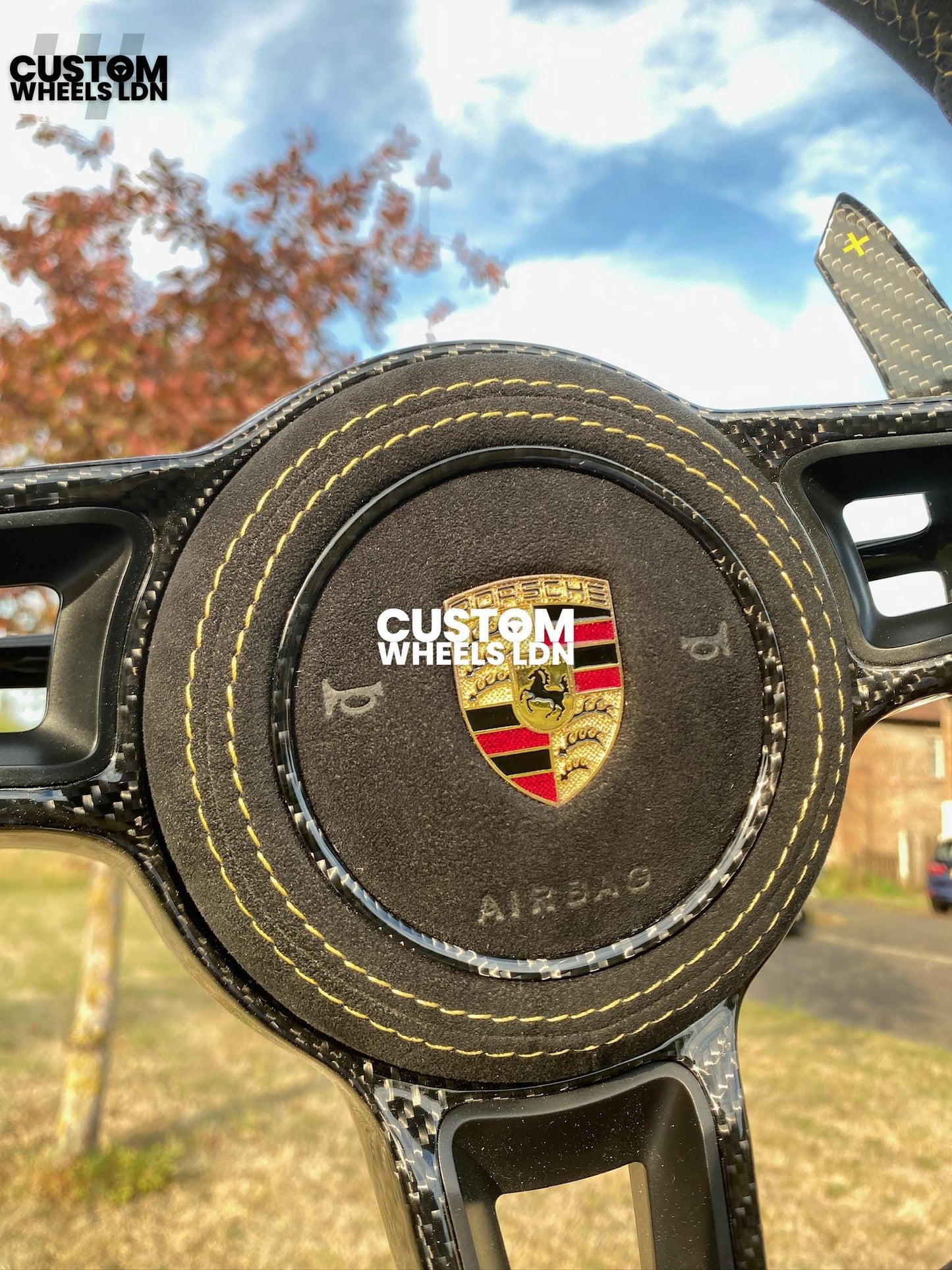Porsche Custom Flat Bottom Steering Wheel – Alcantara x Perforated Leather, Carbon Paddles, Yellow Stitching Stripe | Fits 997, 991.1, 981, Boxster, Cayman, Cayenne (2000+ Models) + more | Plug & Play | Upgrade for Older Models Available