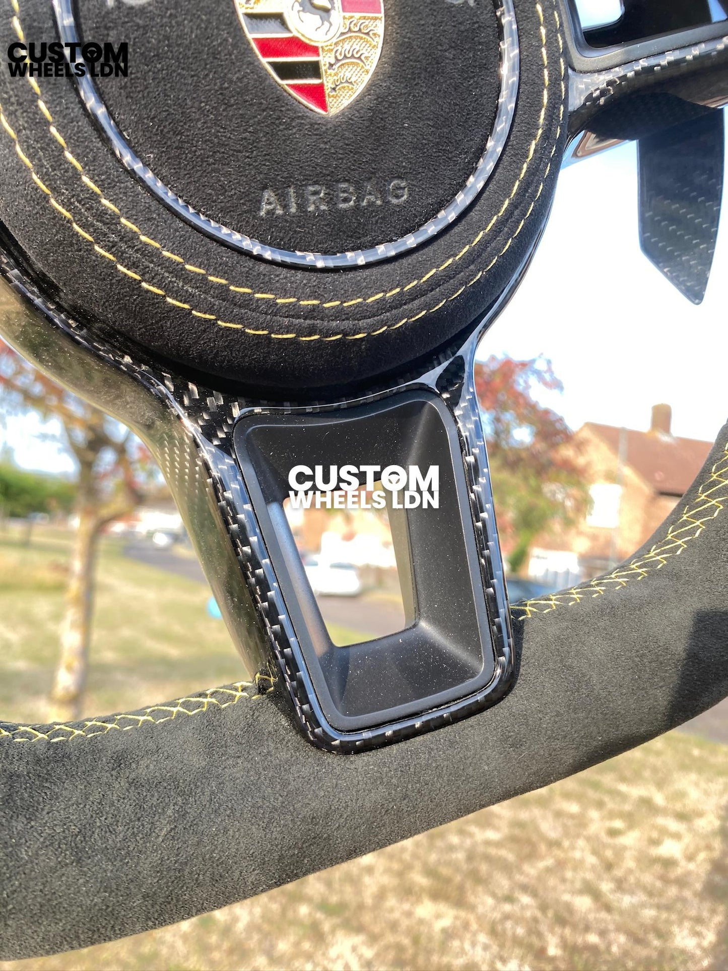 Porsche Custom Flat Bottom Steering Wheel – Alcantara x Perforated Leather, Carbon Paddles, Yellow Stitching Stripe | Fits 997, 991.1, 981, Boxster, Cayman, Cayenne (2000+ Models) + more | Plug & Play | Upgrade for Older Models Available