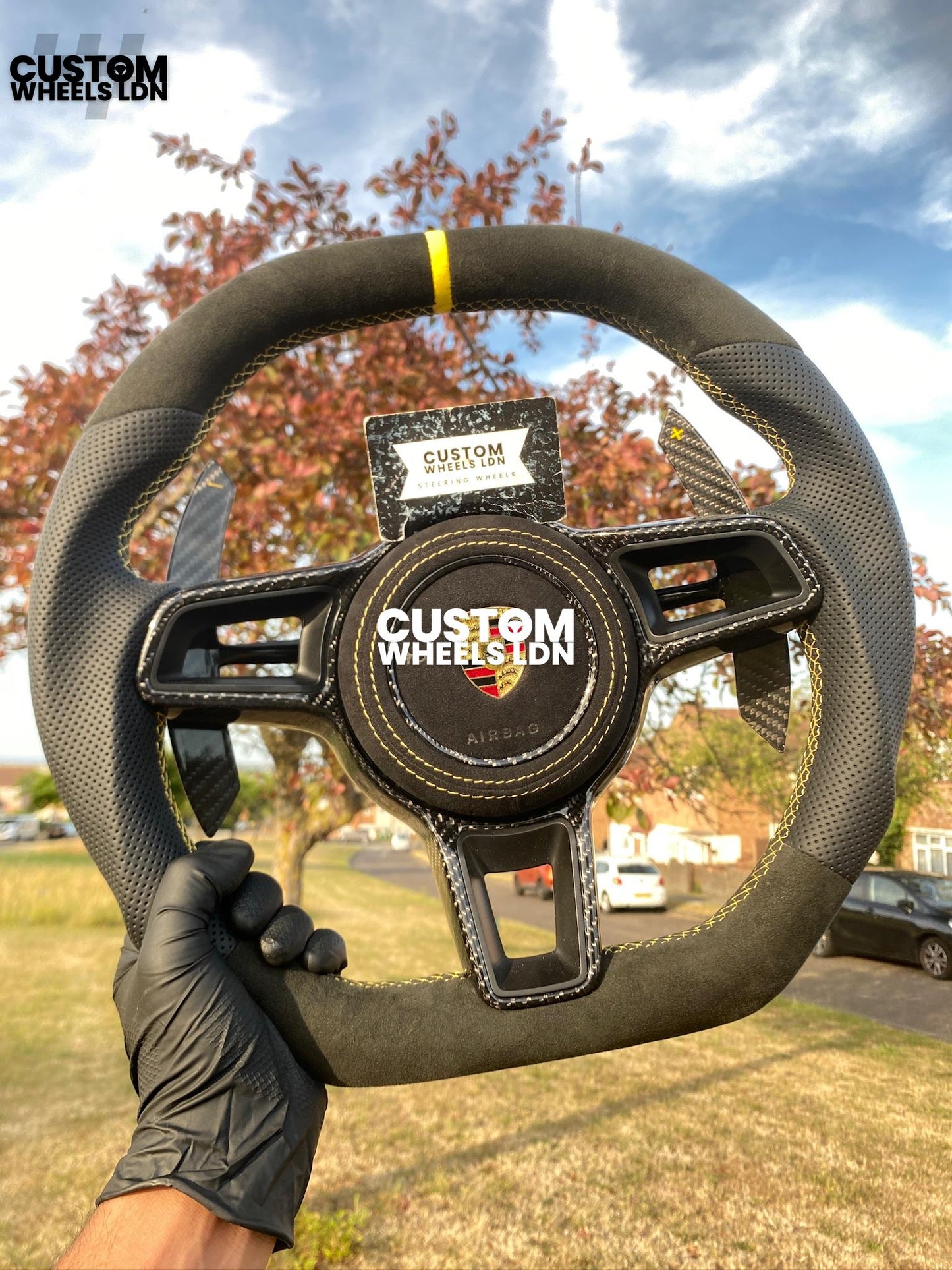 Porsche Custom Flat Bottom Steering Wheel – Alcantara x Perforated Leather, Carbon Paddles, Yellow Stitching Stripe | Fits 997, 991.1, 981, Boxster, Cayman, Cayenne (2000+ Models) + more | Plug & Play | Upgrade for Older Models Available