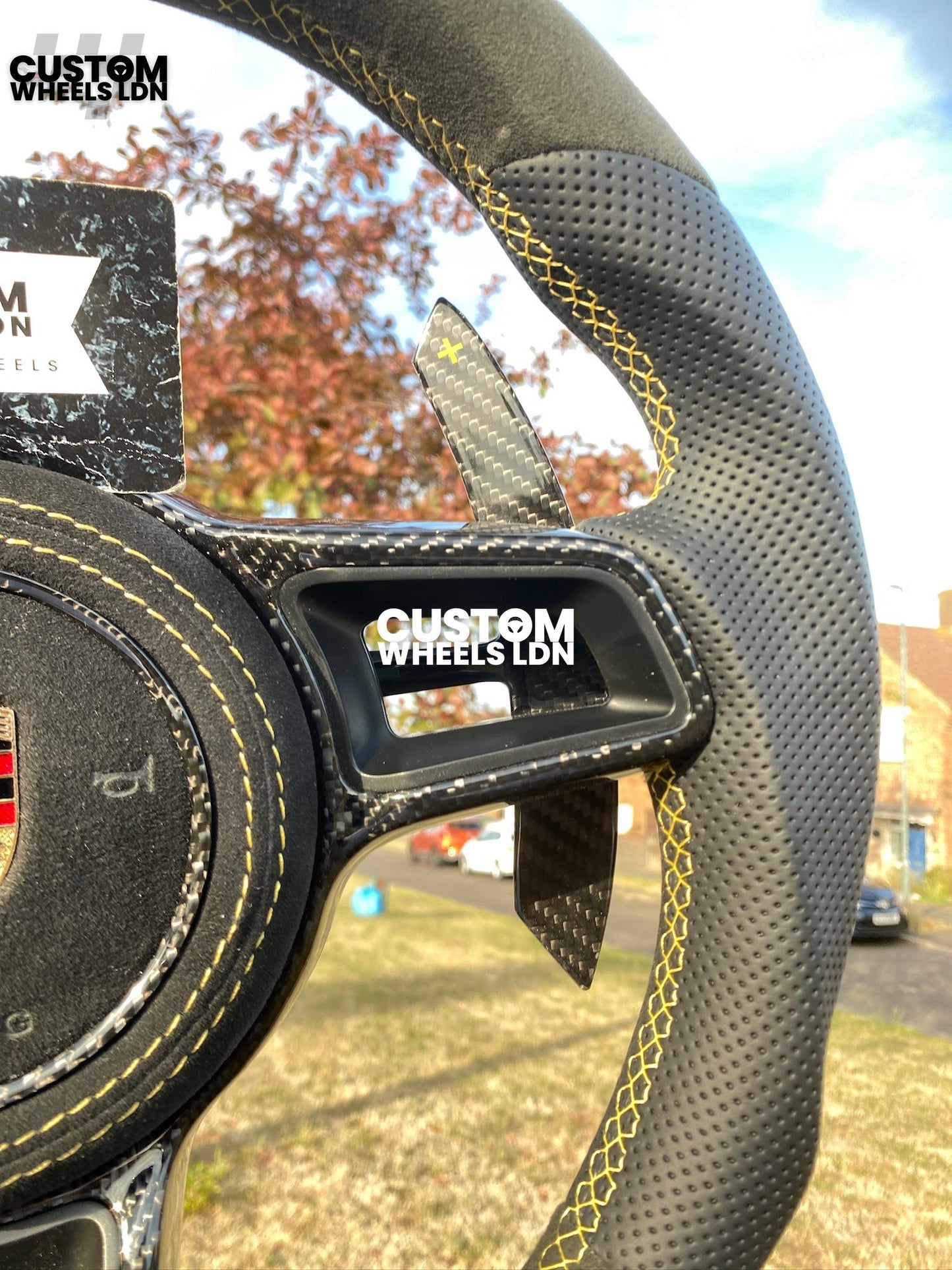 Porsche Custom Flat Bottom Steering Wheel – Alcantara x Perforated Leather, Carbon Paddles, Yellow Stitching Stripe | Fits 997, 991.1, 981, Boxster, Cayman, Cayenne (2000+ Models) + more | Plug & Play | Upgrade for Older Models Available