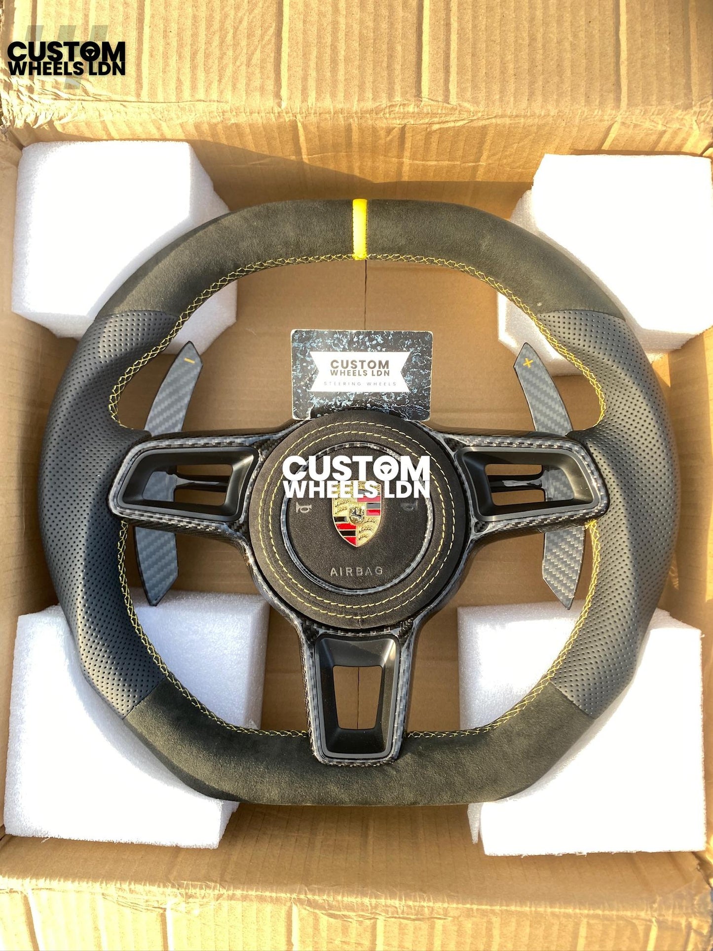 Porsche Custom Flat Bottom Steering Wheel – Alcantara x Perforated Leather, Carbon Paddles, Yellow Stitching Stripe | Fits 997, 991.1, 981, Boxster, Cayman, Cayenne (2000+ Models) + more | Plug & Play | Upgrade for Older Models Available