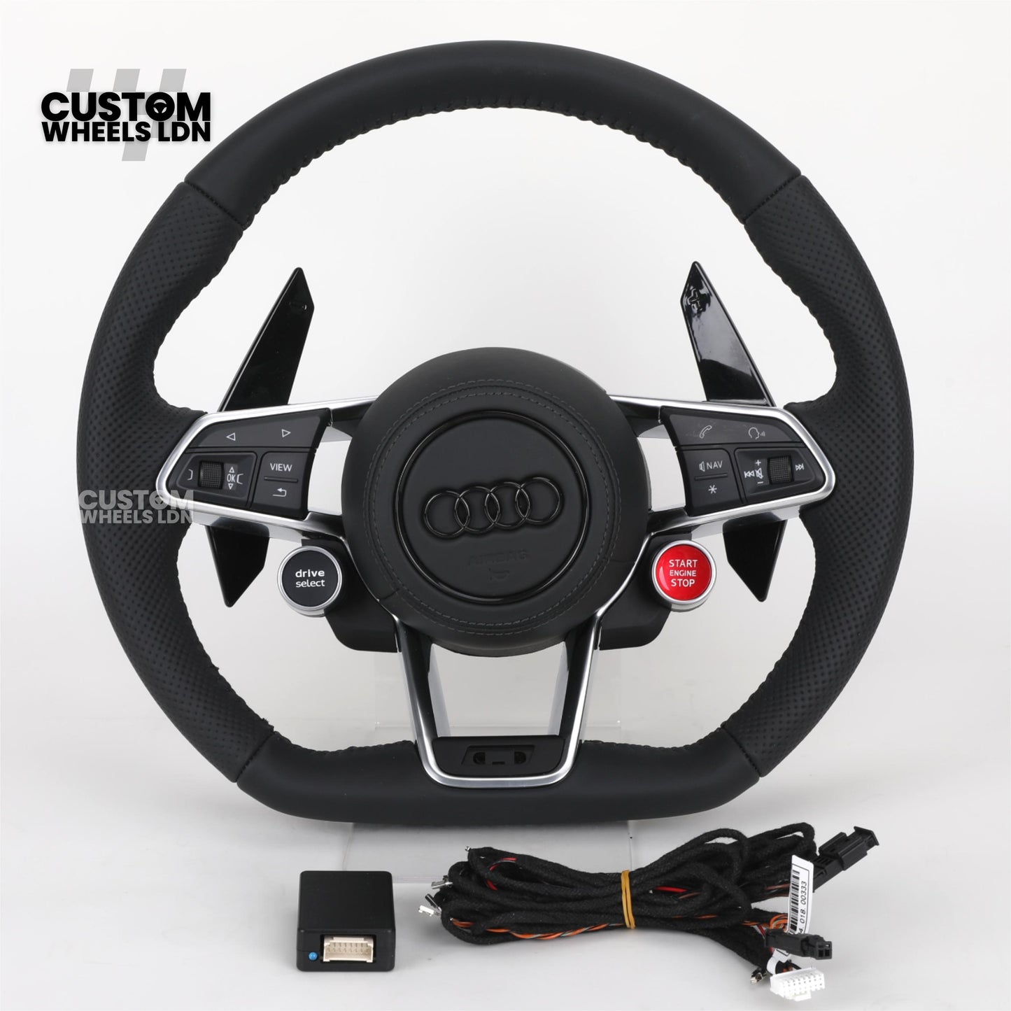 Audi Custom R8-Style Flat Bottom Steering Wheel – Black Leather, Gloss Black Paddles, Start Button, Retrofit Wiring Kit Included | Fits A4, A5, S5, A6, A7, Q5, SQ5 + more | Plug & Play | With Airbag | Upgrade for Older Models Available