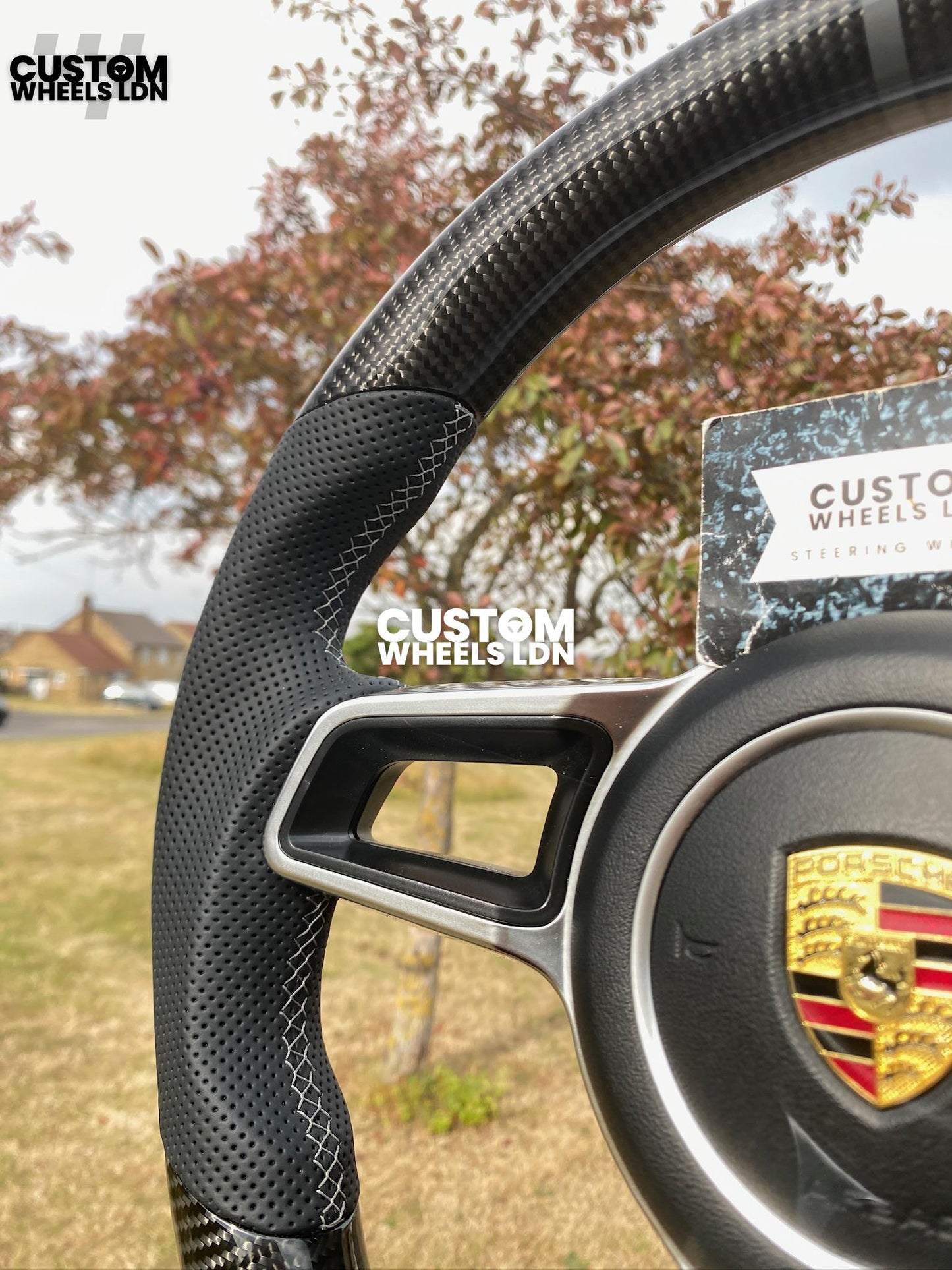 Porsche Custom Flat Bottom Steering Wheel – Gloss Carbon Fibre, Perforated Leather, Grey 12 O’Clock Stripe | Fits 997.1, 997.2, 991.1, 987, Cayman, Boxster, Macan, Cayenne + more | Plug & Play | With Airbag | Upgrade for Older Models Available