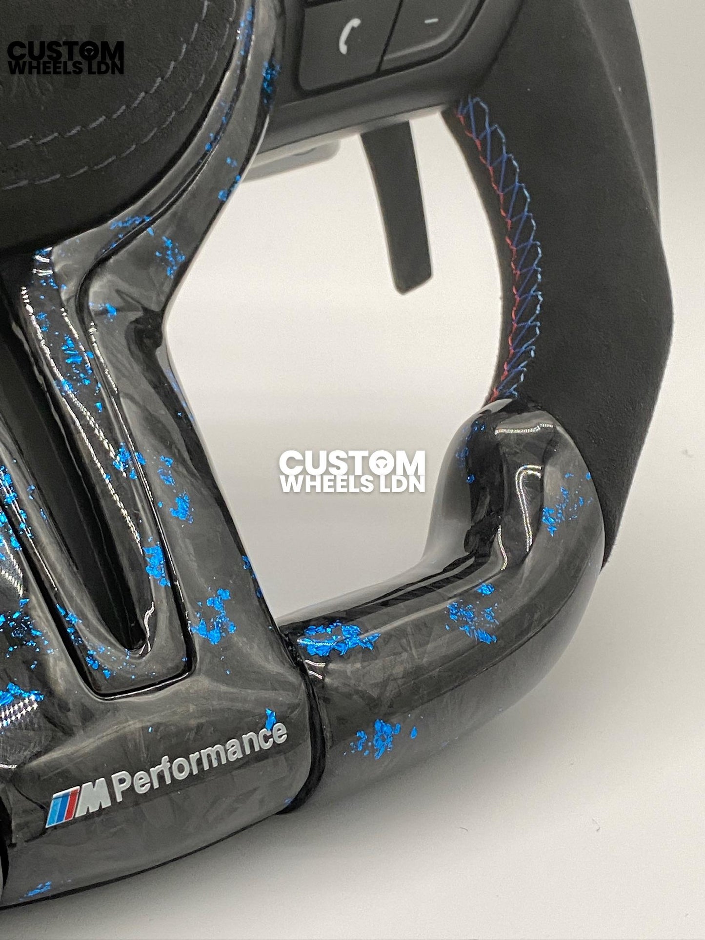 BMW Custom Blue Forged Carbon, Flat Bottom Steering Wheel – LED Rev Display, Magnetic Extended Paddle Shifters | Fits F Series (1, 2, 3, 4, 5, X3, X4) + more | Plug & Play | Upgrade for Older Models Available