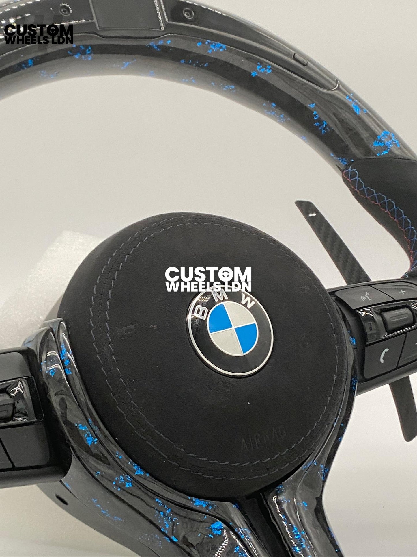 BMW Custom Blue Forged Carbon, Flat Bottom Steering Wheel – LED Rev Display, Magnetic Extended Paddle Shifters | Fits F Series (1, 2, 3, 4, 5, X3, X4) + more | Plug & Play | Upgrade for Older Models Available