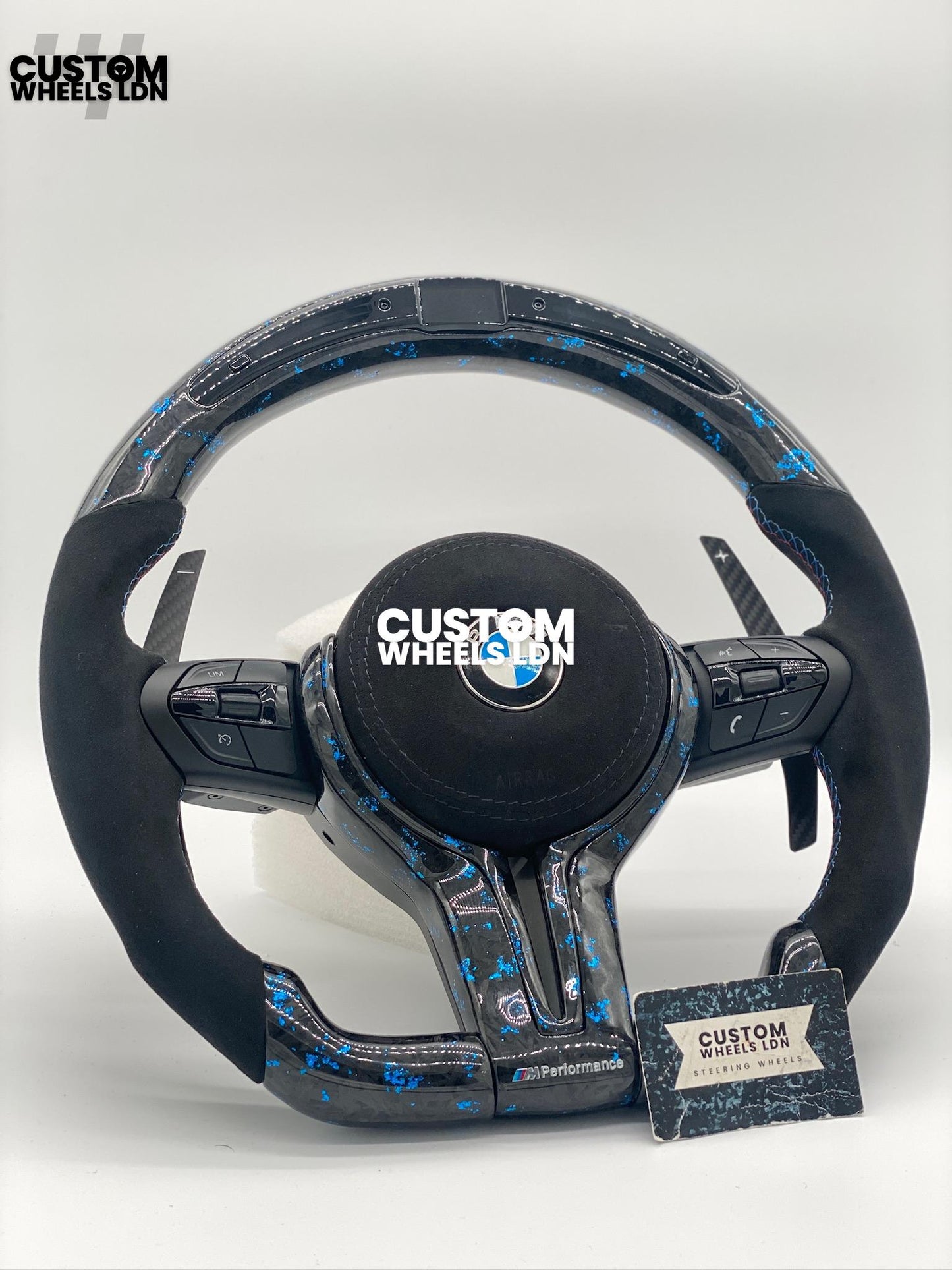 BMW Custom Blue Forged Carbon, Flat Bottom Steering Wheel – LED Rev Display, Magnetic Extended Paddle Shifters | Fits F Series (1, 2, 3, 4, 5, X3, X4) + more | Plug & Play | Upgrade for Older Models Available