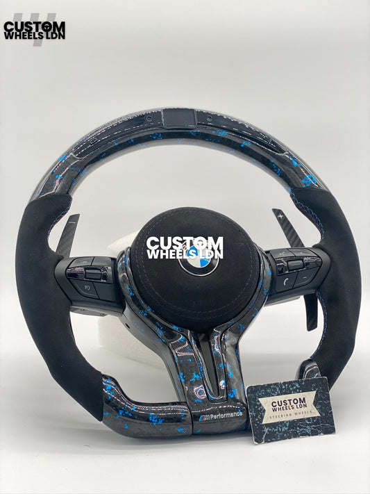 BMW Custom Blue Forged Carbon, Flat Bottom Steering Wheel –  LED Rev Display, Magnetic Extended Paddle Shifters | Fits F Series (1, 2, 3, 4, 5, X3, X4) + more | Plug & Play | Upgrade for Older Models Available
