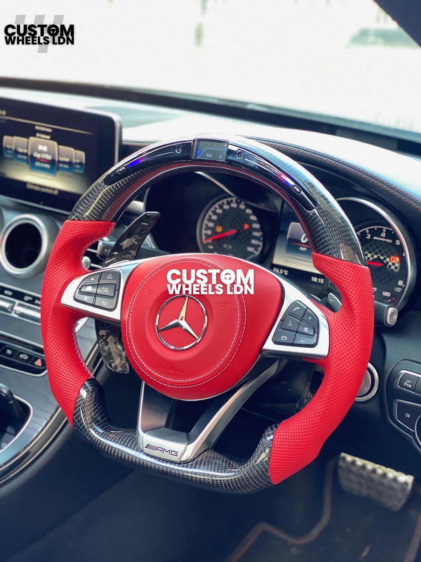 Mercedes Custom LED Flat Bottom Steering Wheel – Gloss Carbon Fibre, Red Perforated Leather, Red Airbag Cover | Fits W205, W213, W218, W222, W217, C-Class, E-Class, CLS, S-Class + more | Plug & Play | Upgrade for Older Models Available