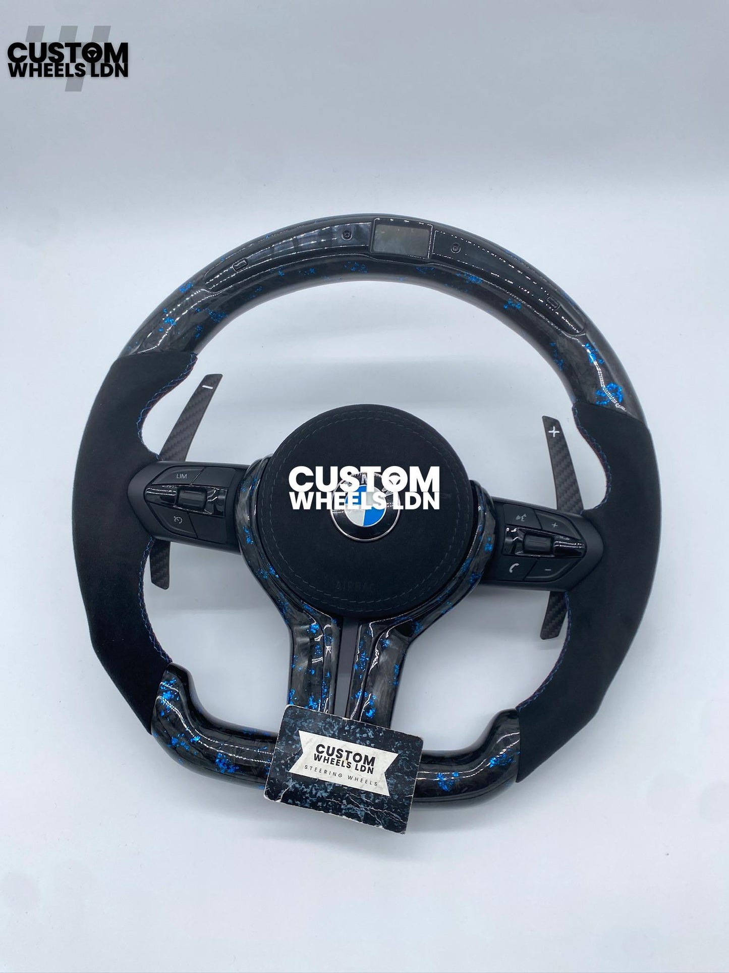 BMW Custom Blue Forged Carbon, Flat Bottom Steering Wheel – LED Rev Display, Magnetic Extended Paddle Shifters | Fits F Series (1, 2, 3, 4, 5, X3, X4) + more | Plug & Play | Upgrade for Older Models Available