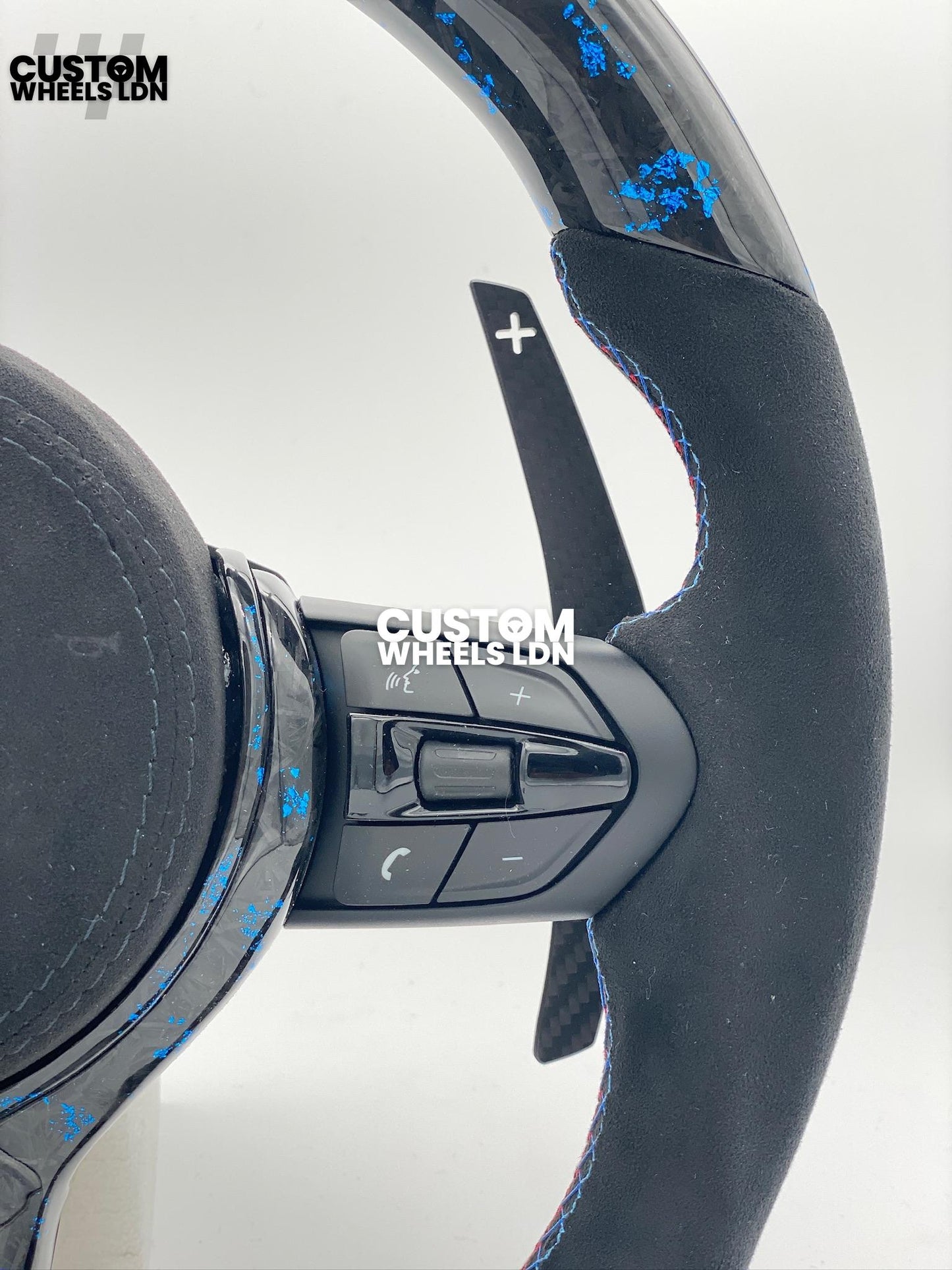 BMW Custom Blue Forged Carbon, Flat Bottom Steering Wheel – LED Rev Display, Magnetic Extended Paddle Shifters | Fits F Series (1, 2, 3, 4, 5, X3, X4) + more | Plug & Play | Upgrade for Older Models Available