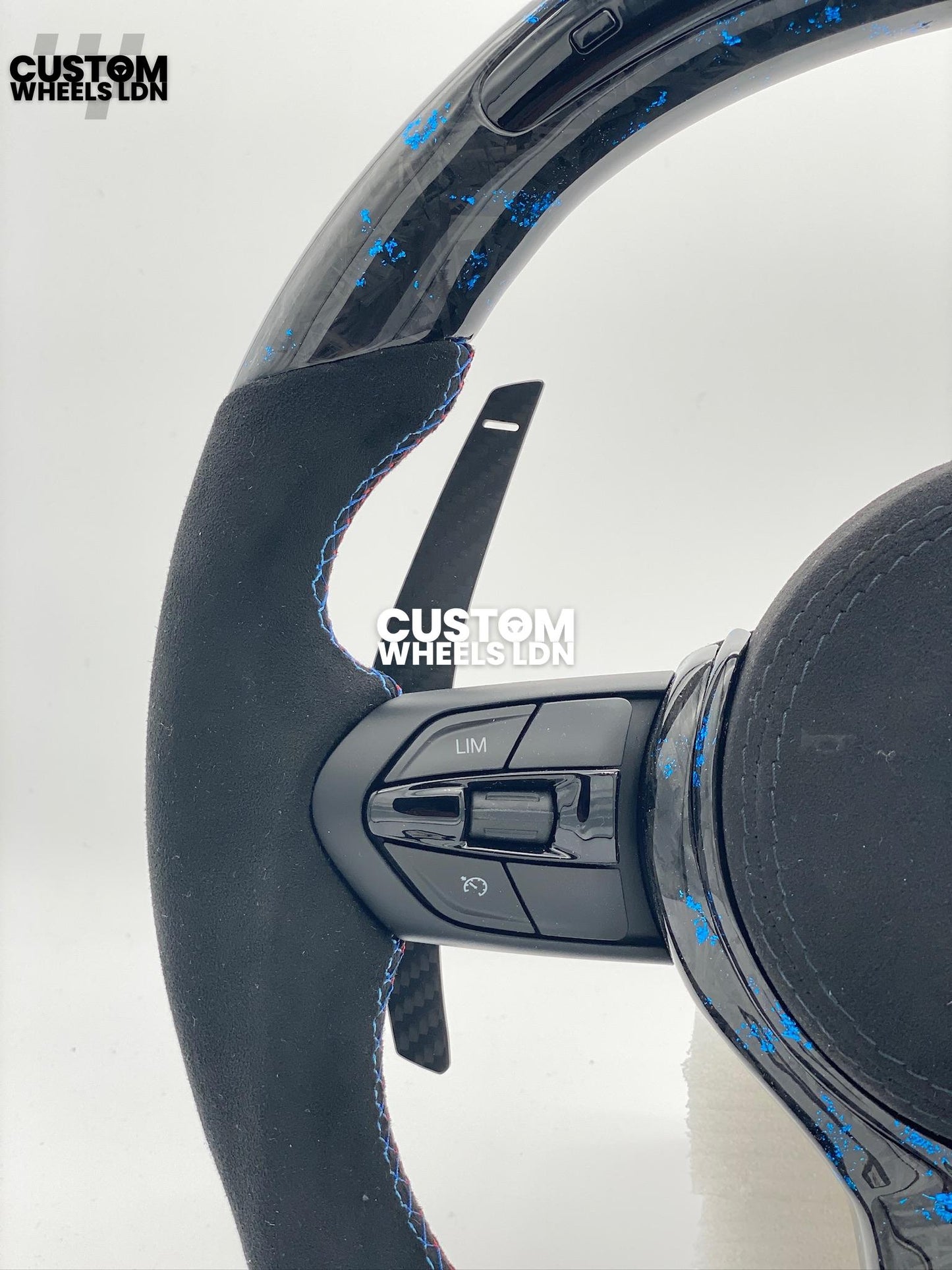 BMW Custom Blue Forged Carbon, Flat Bottom Steering Wheel – LED Rev Display, Magnetic Extended Paddle Shifters | Fits F Series (1, 2, 3, 4, 5, X3, X4) + more | Plug & Play | Upgrade for Older Models Available