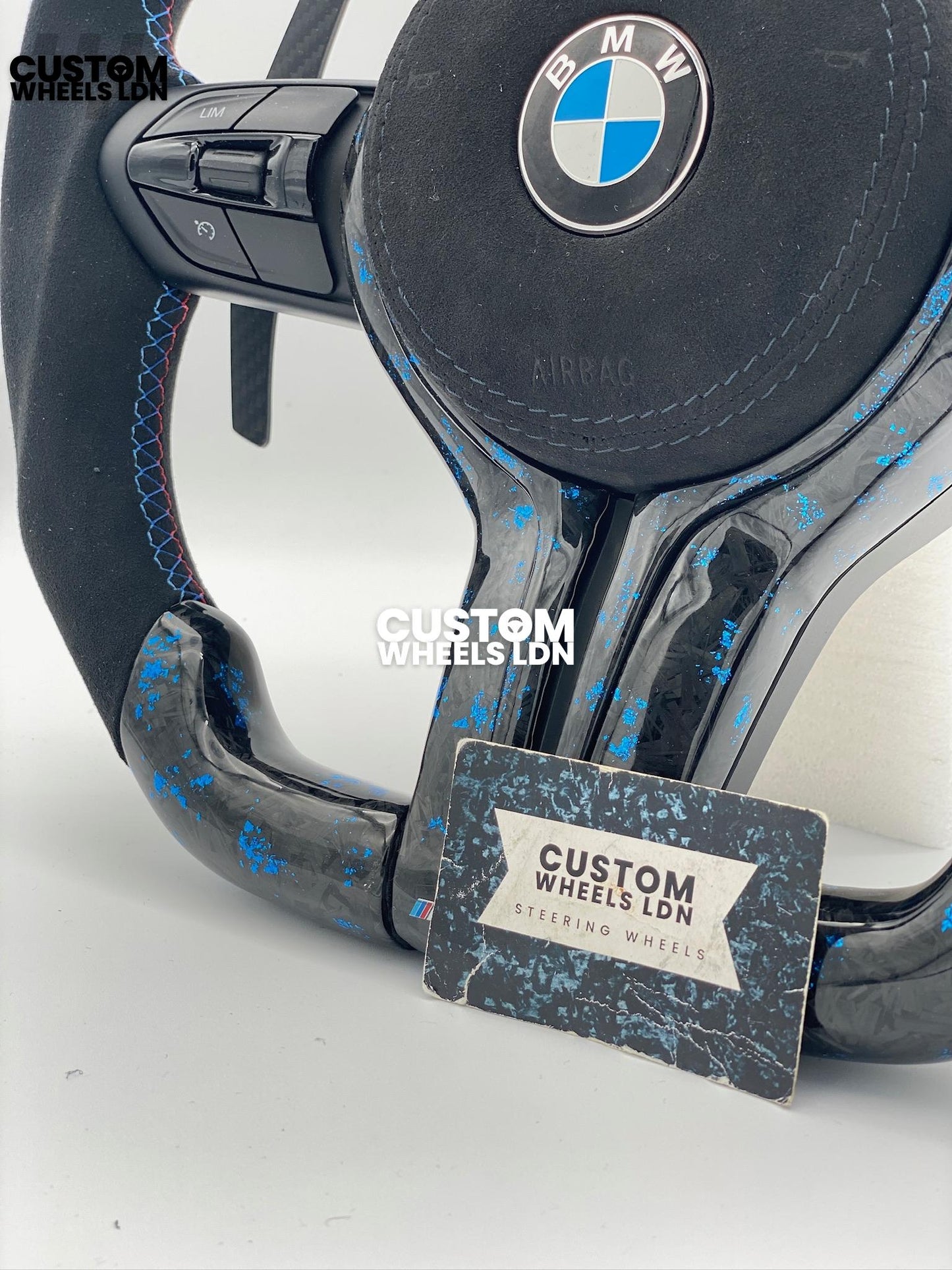 BMW Custom Blue Forged Carbon, Flat Bottom Steering Wheel – LED Rev Display, Magnetic Extended Paddle Shifters | Fits F Series (1, 2, 3, 4, 5, X3, X4) + more | Plug & Play | Upgrade for Older Models Available