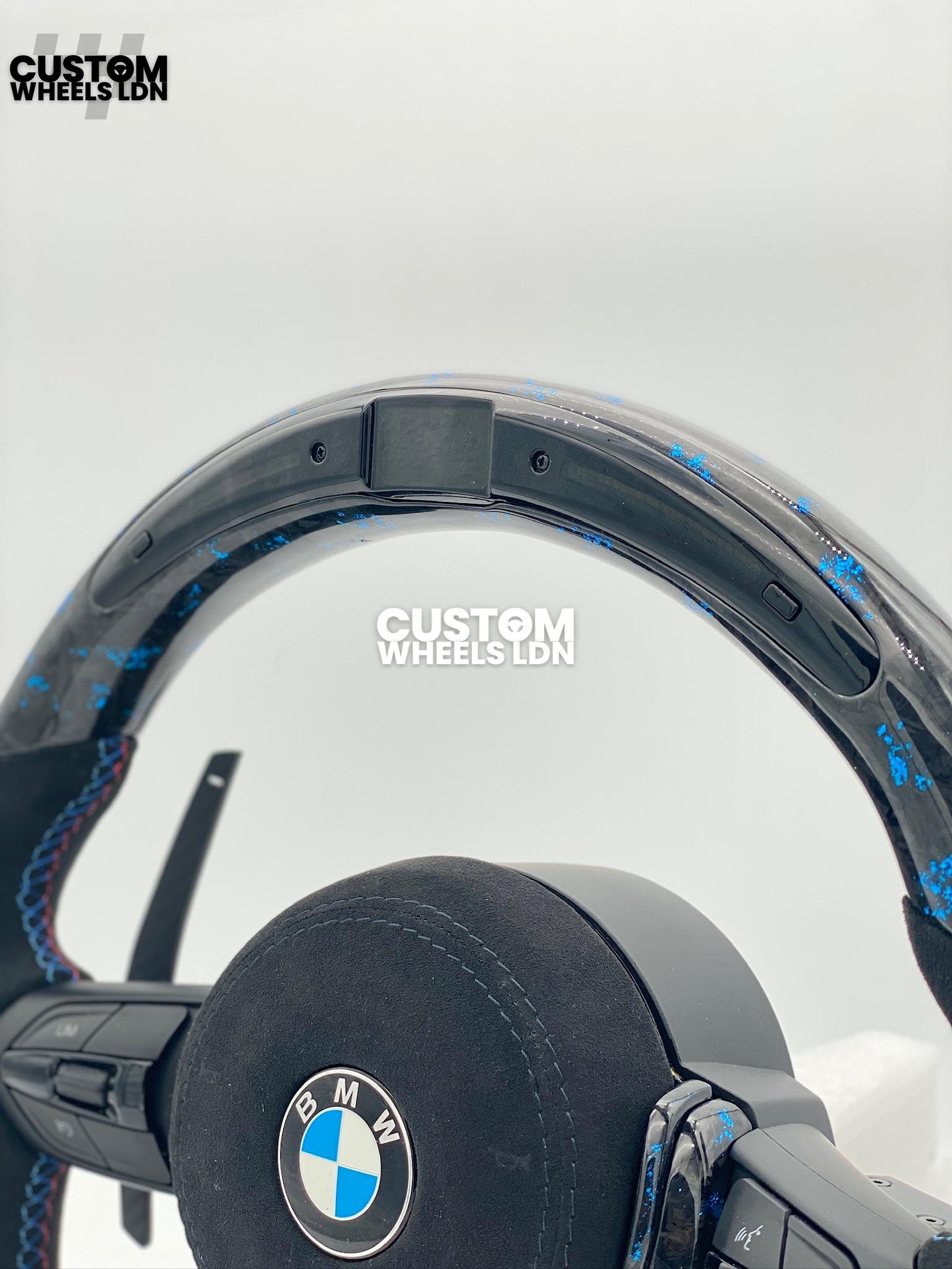 BMW Custom Blue Forged Carbon, Flat Bottom Steering Wheel – LED Rev Display, Magnetic Extended Paddle Shifters | Fits F Series (1, 2, 3, 4, 5, X3, X4) + more | Plug & Play | Upgrade for Older Models Available