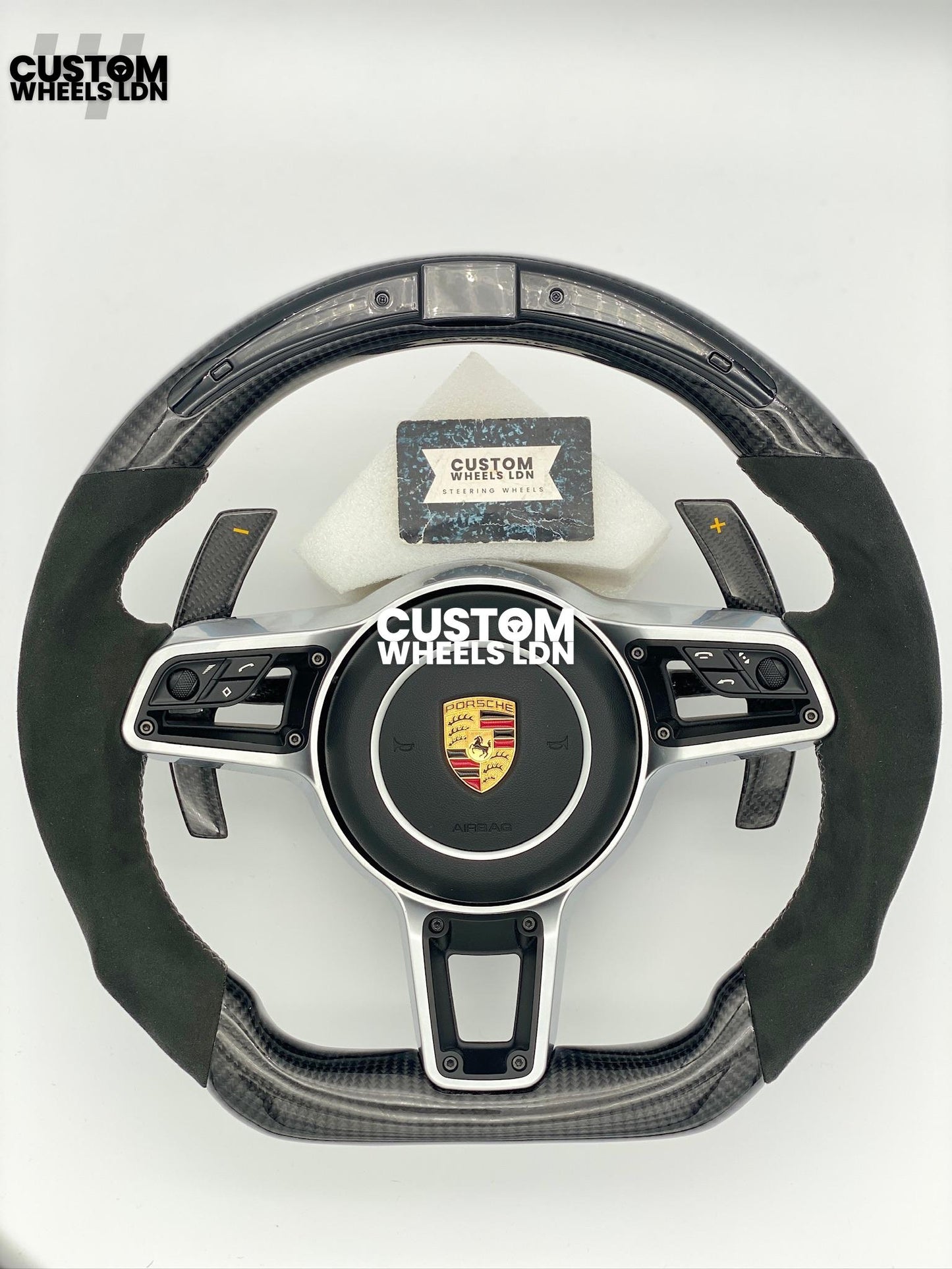 Porsche Custom Flat Bottom Steering Wheel – Carbon, Alcantara, Carbon Paddle Shifters, Multifunction Buttons | Fits 997.1, 991.1, 981, Cayman, Boxster, Panamera, Macan, Cayenne + more | Plug & Play | Upgrade for Older Models Available
