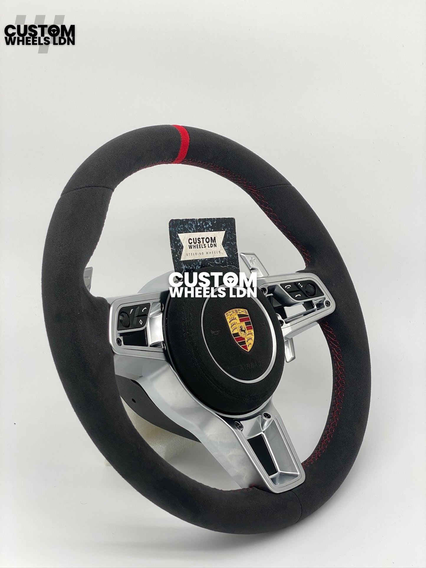 Porsche Custom Steering Wheel GT3RS Style – Alcantara, Silver Extended Paddles, Red Stitching & Stripe | Fits 997, 991.1, 987, Cayman, Boxster, Panamera, Macan, Cayenne + more | Plug & Play | With Airbag | Upgrade for Older Models Available