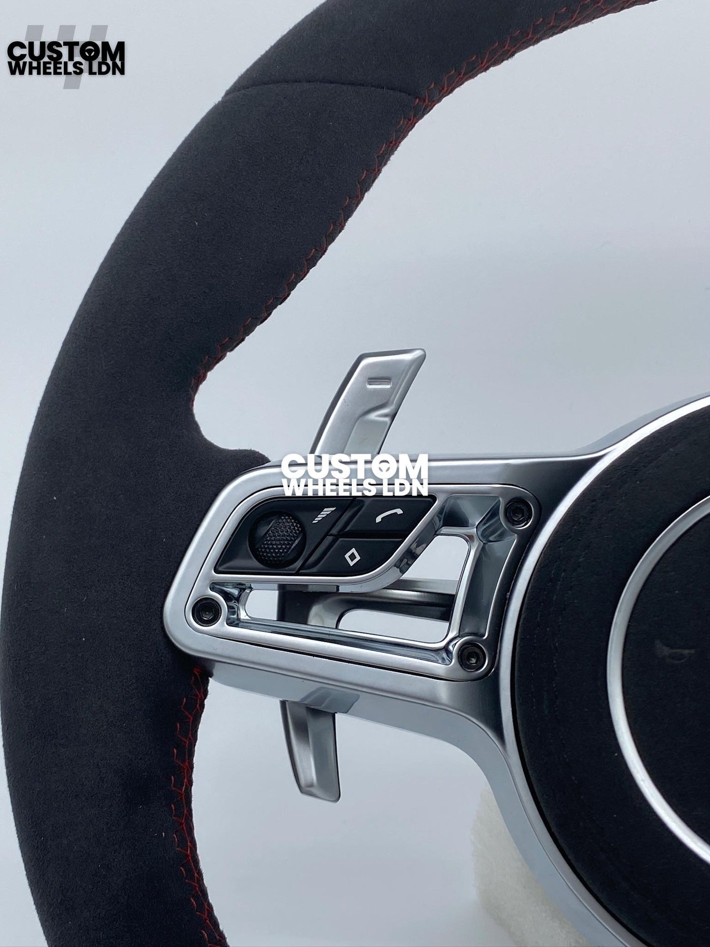 Porsche Custom Steering Wheel GT3RS Style – Alcantara, Silver Extended Paddles, Red Stitching & Stripe | Fits 997, 991.1, 987, Cayman, Boxster, Panamera, Macan, Cayenne + more | Plug & Play | With Airbag | Upgrade for Older Models Available