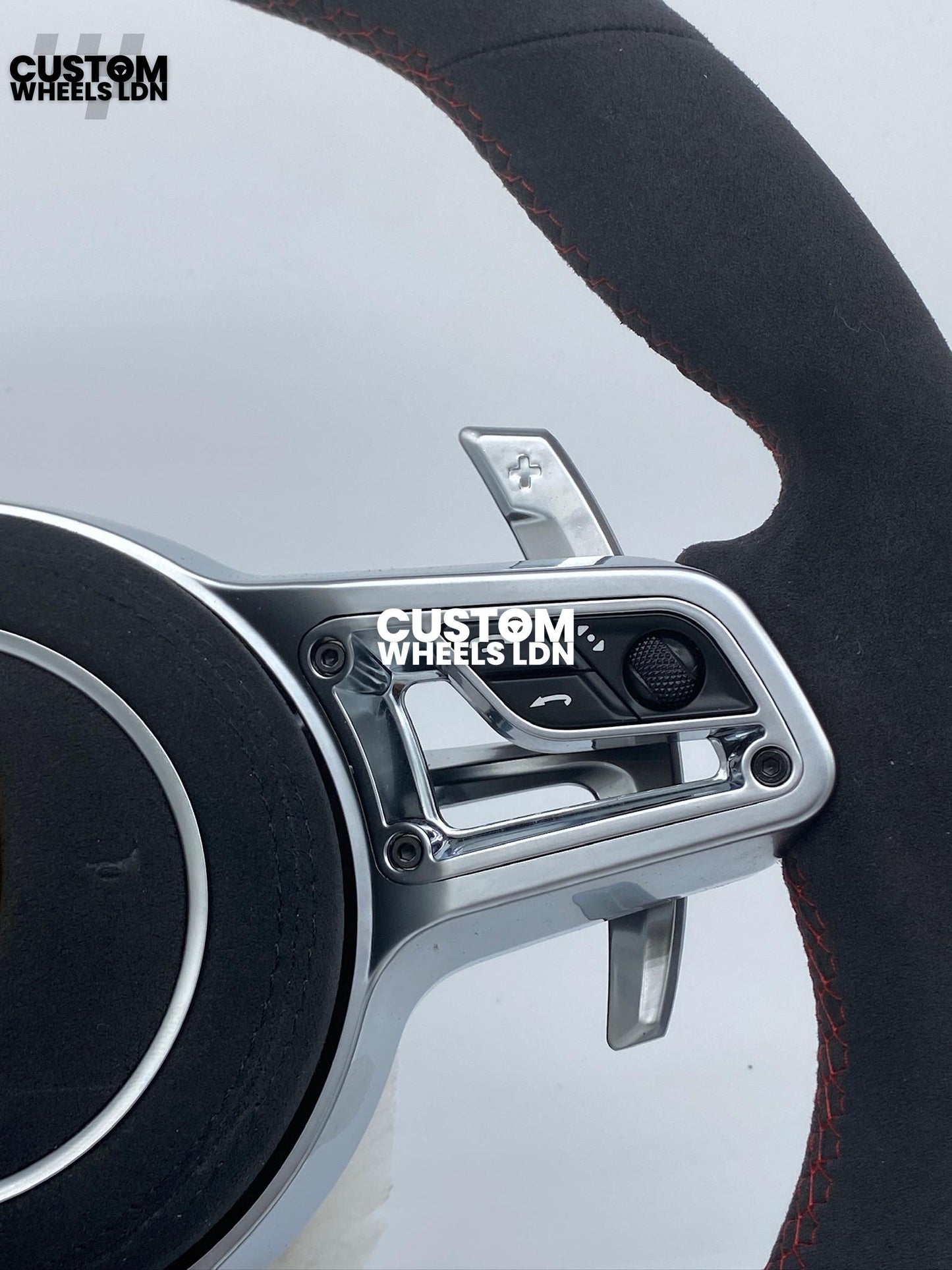 Porsche Custom Steering Wheel GT3RS Style – Alcantara, Silver Extended Paddles, Red Stitching & Stripe | Fits 997, 991.1, 987, Cayman, Boxster, Panamera, Macan, Cayenne + more | Plug & Play | With Airbag | Upgrade for Older Models Available