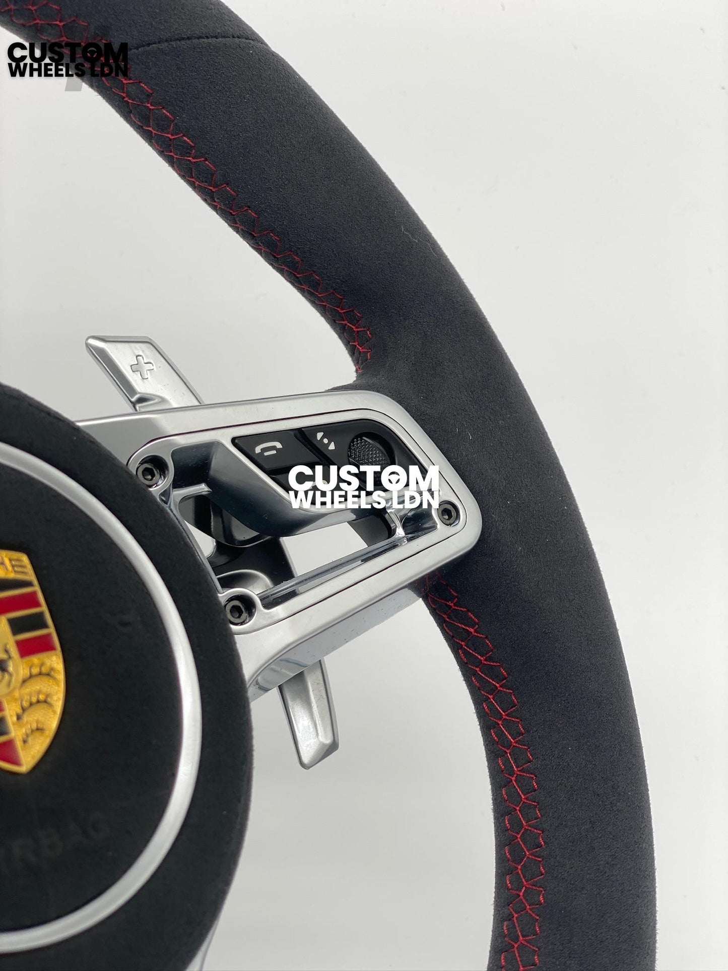 Porsche Custom Steering Wheel GT3RS Style – Alcantara, Silver Extended Paddles, Red Stitching & Stripe | Fits 997, 991.1, 987, Cayman, Boxster, Panamera, Macan, Cayenne + more | Plug & Play | With Airbag | Upgrade for Older Models Available