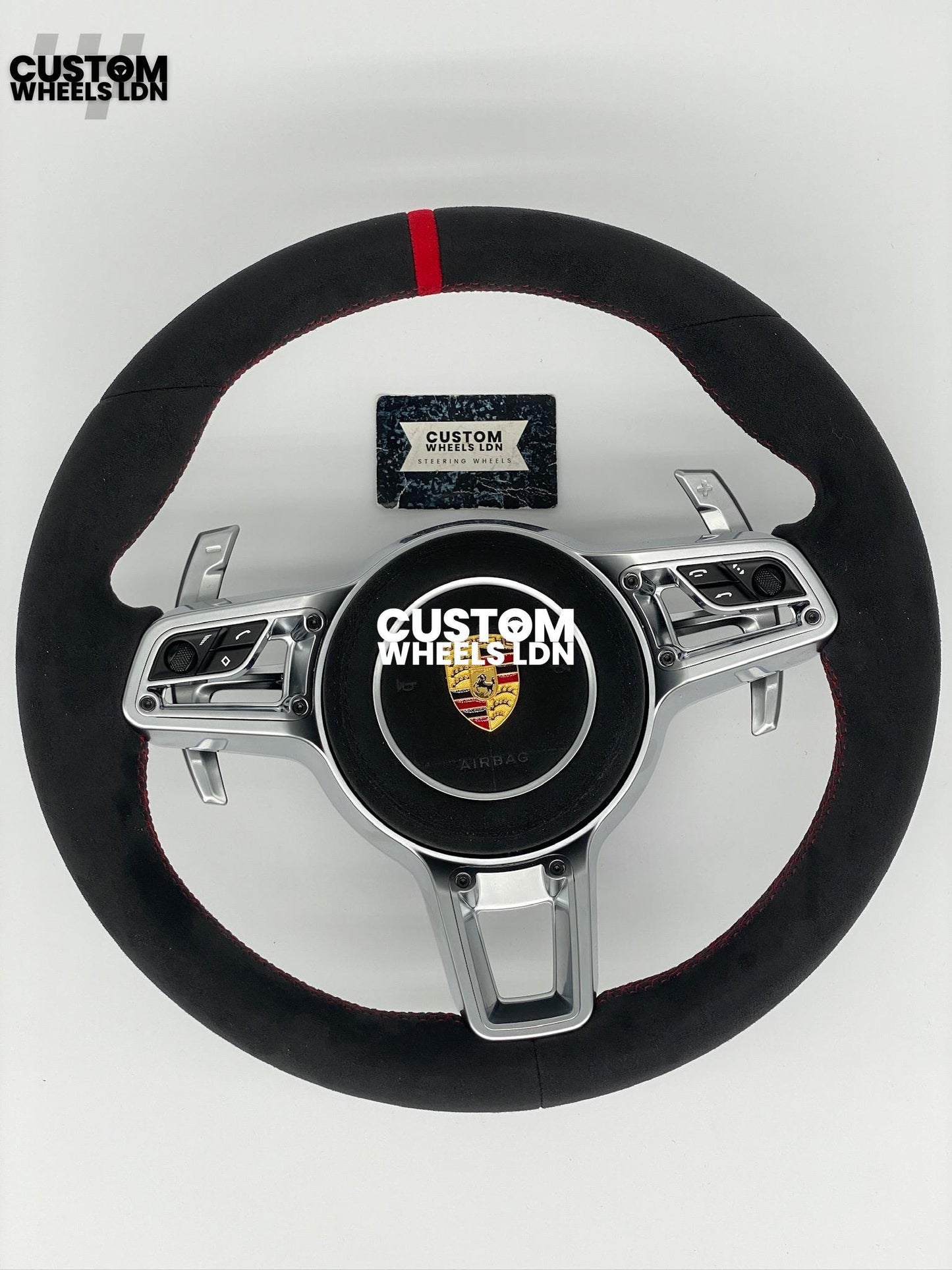 Porsche Custom Steering Wheel GT3RS Style – Alcantara, Silver Extended Paddles, Red Stitching & Stripe | Fits 997, 991.1, 987, Cayman, Boxster, Panamera, Macan, Cayenne + more | Plug & Play | With Airbag | Upgrade for Older Models Available