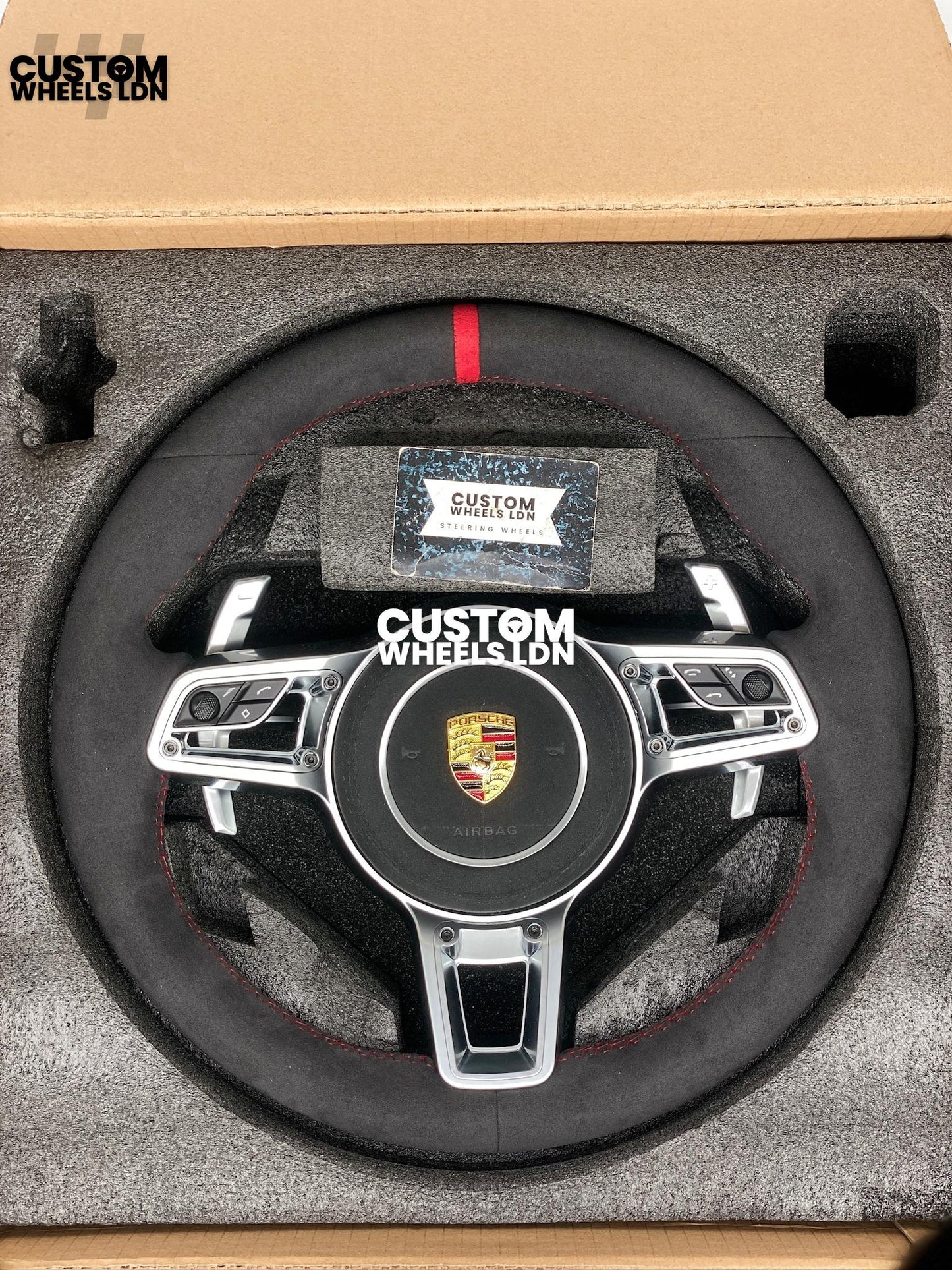 Porsche Custom Steering Wheel GT3RS Style – Alcantara, Silver Extended Paddles, Red Stitching & Stripe | Fits 997, 991.1, 987, Cayman, Boxster, Panamera, Macan, Cayenne + more | Plug & Play | With Airbag | Upgrade for Older Models Available